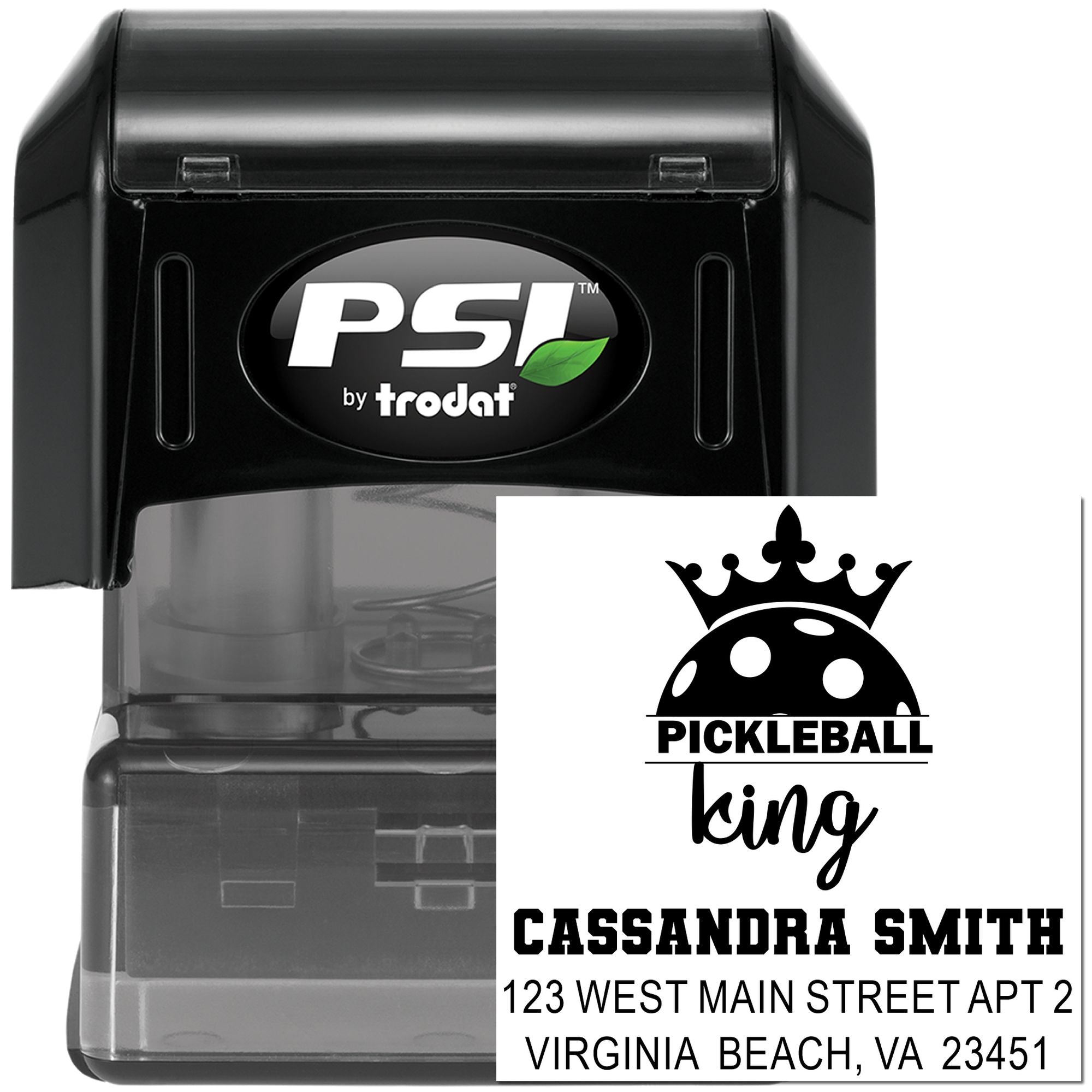 Custom self-inking rubber stamp with Pickleball King design and address for Cassandra Smith, Virginia Beach, VA.
