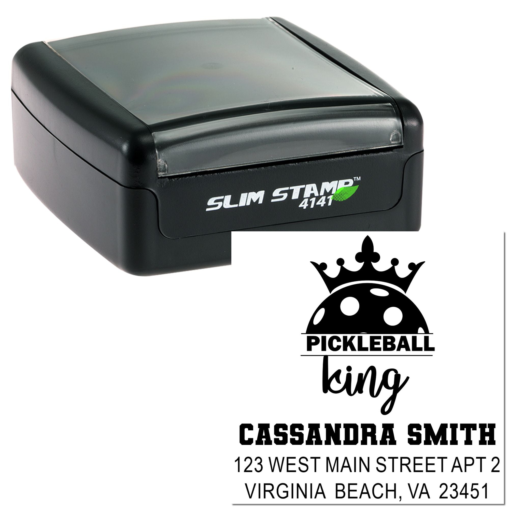 Custom self-inking rubber stamp with Pickleball King design, name, and return address for personalized mailing.