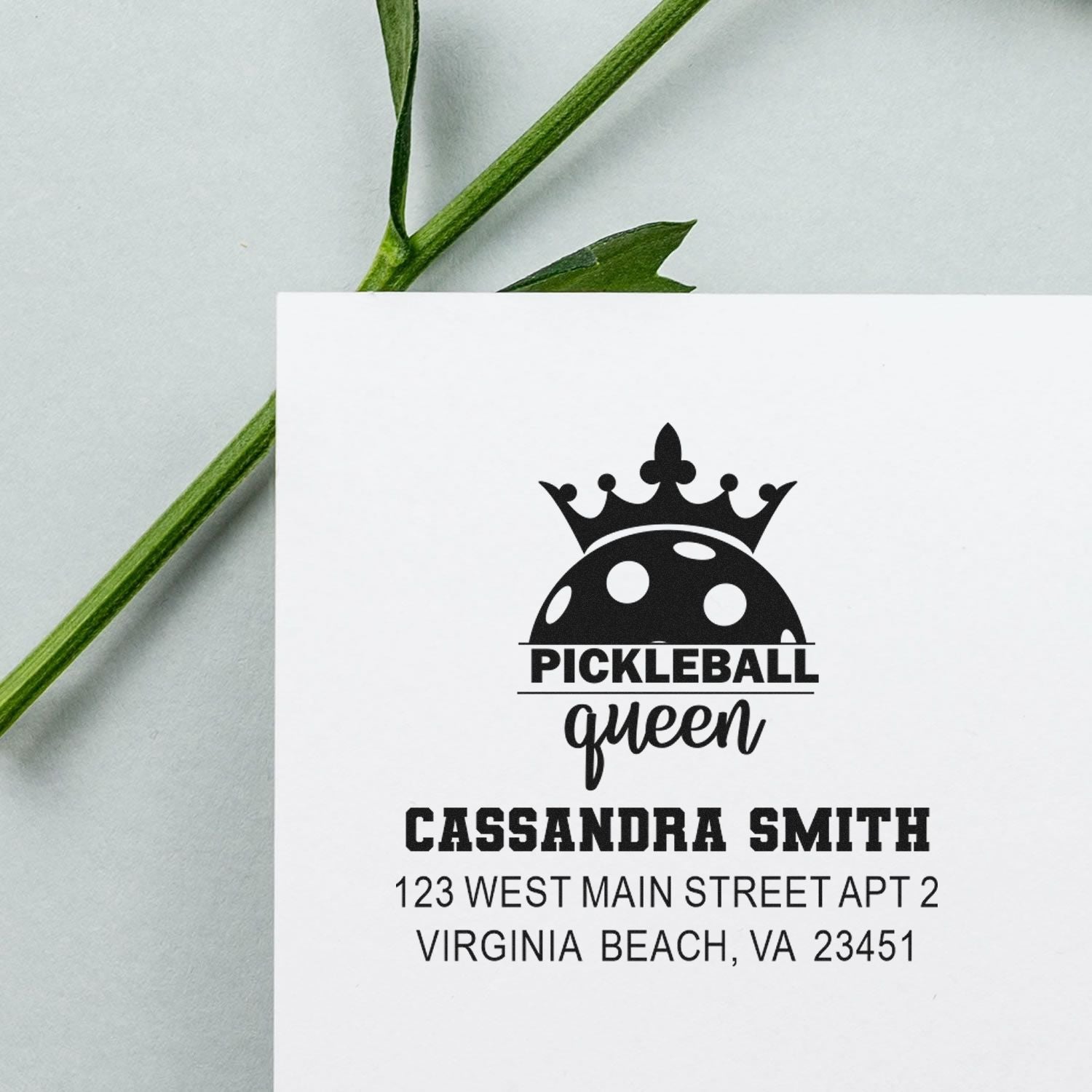 Custom pickleball queen return address rubber stamp with name and Virginia Beach, VA address.