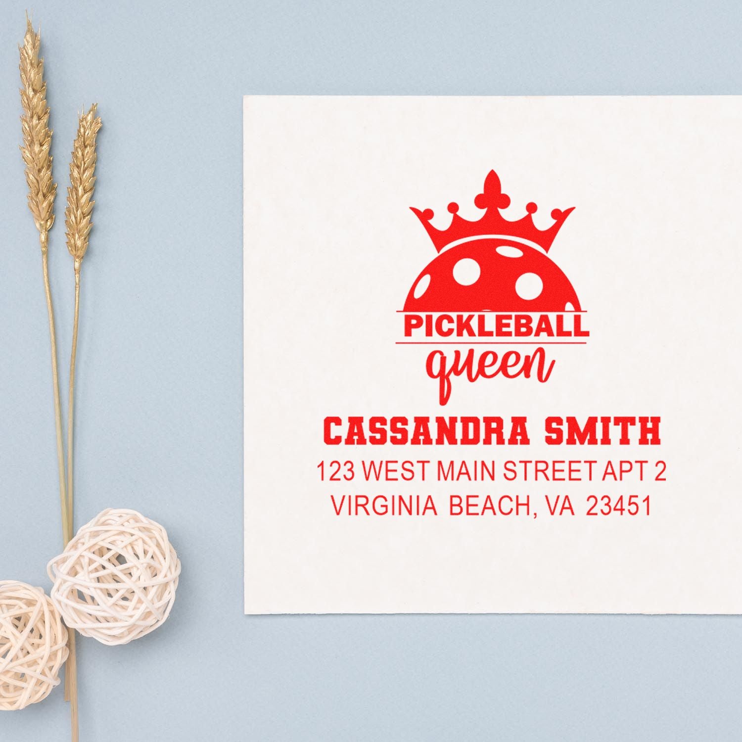 Custom pickleball queen address stamp with name and home address for personalized stationery, mailings, and gift packaging.