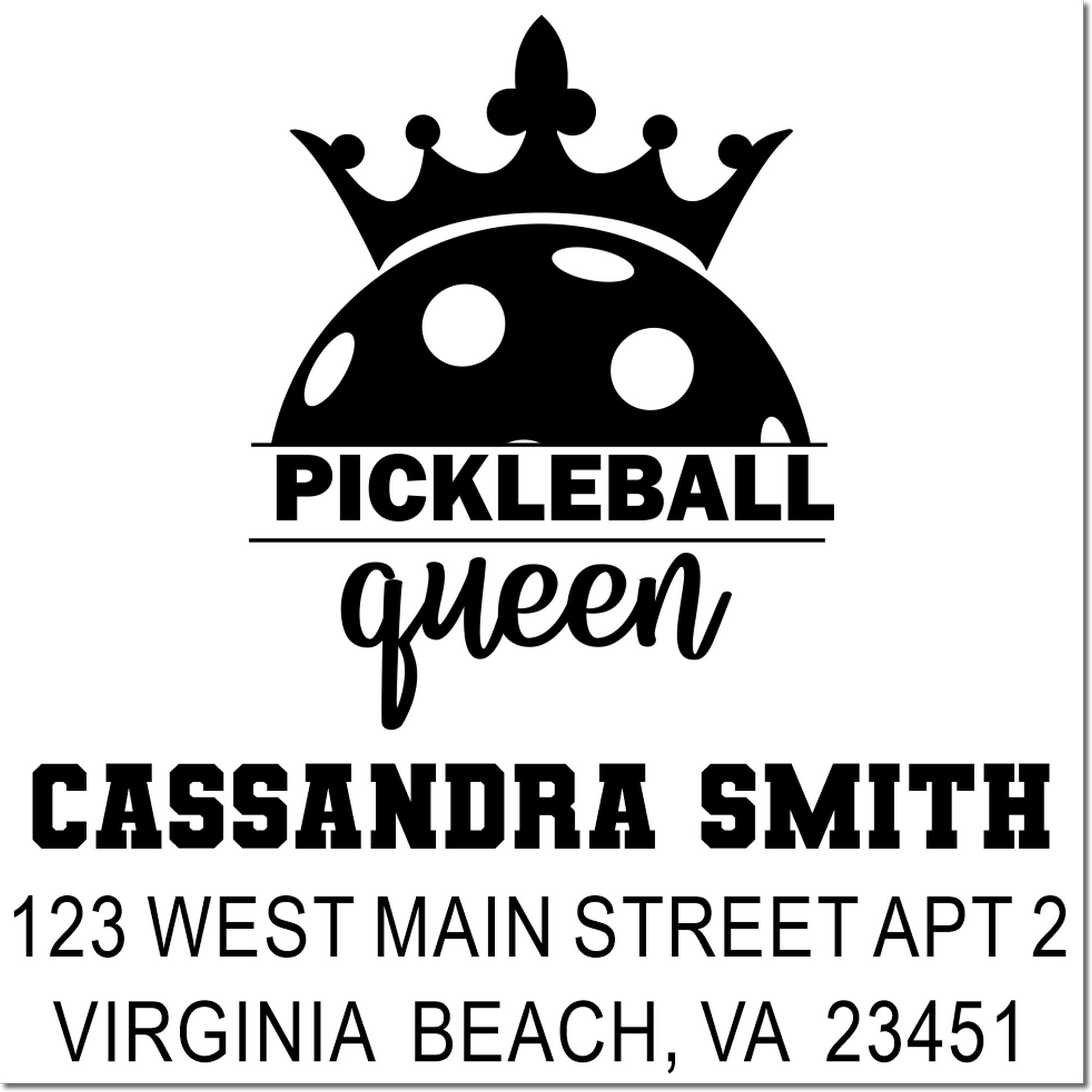 Custom pickleball queen address rubber stamp featuring Cassandra Smith name and Virginia Beach, VA address.