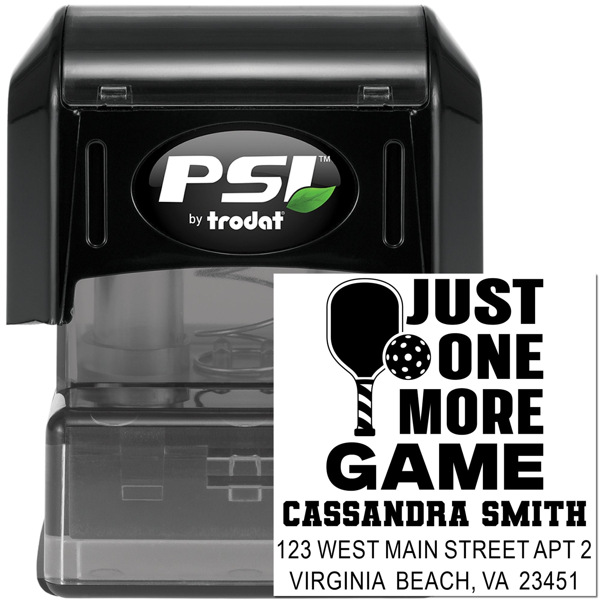 PSI by Trodat self-inking custom rubber stamp with Just One More Game sports design, name, and address imprint.
