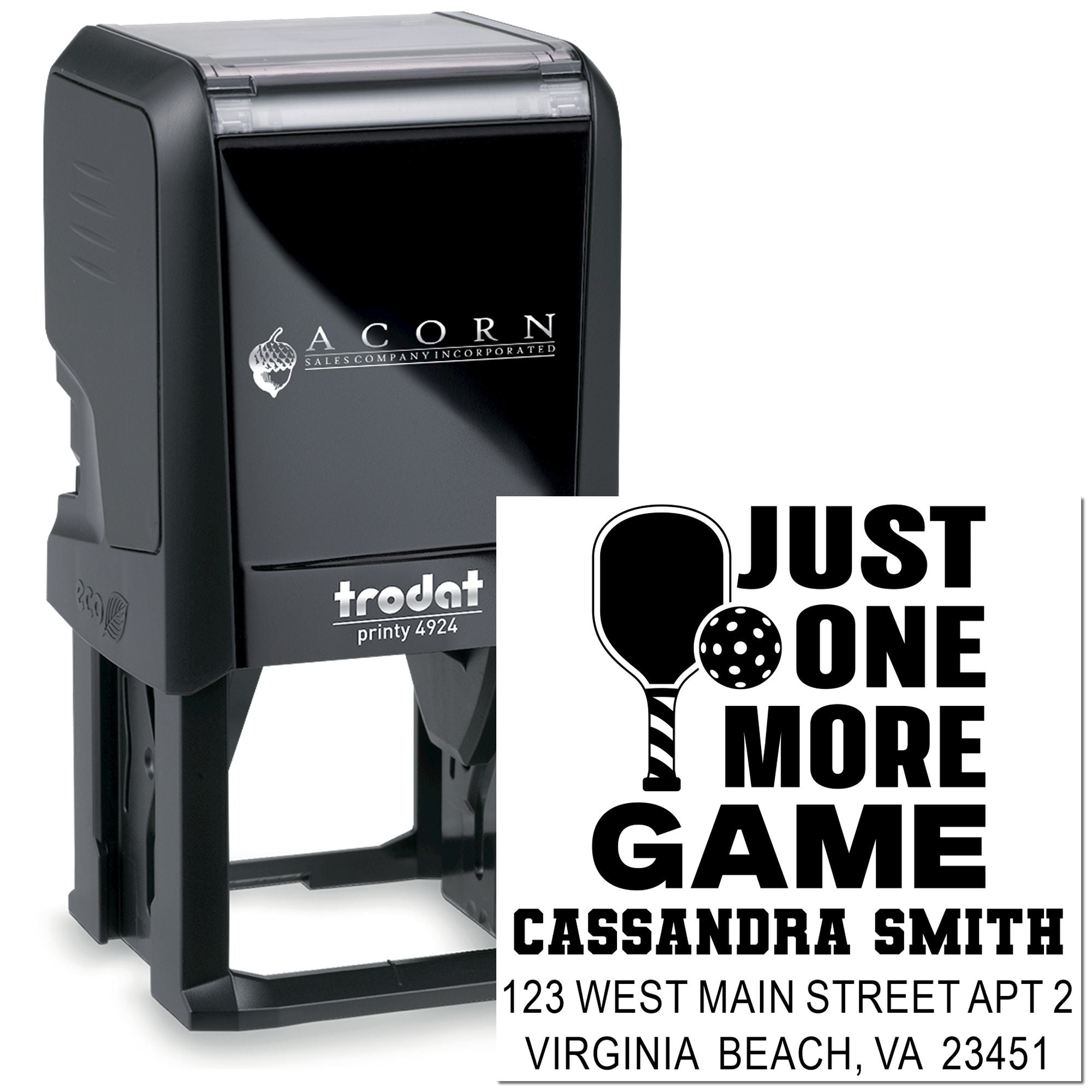 Personalized self-inking rubber stamp for Just One More Game with name and address imprint