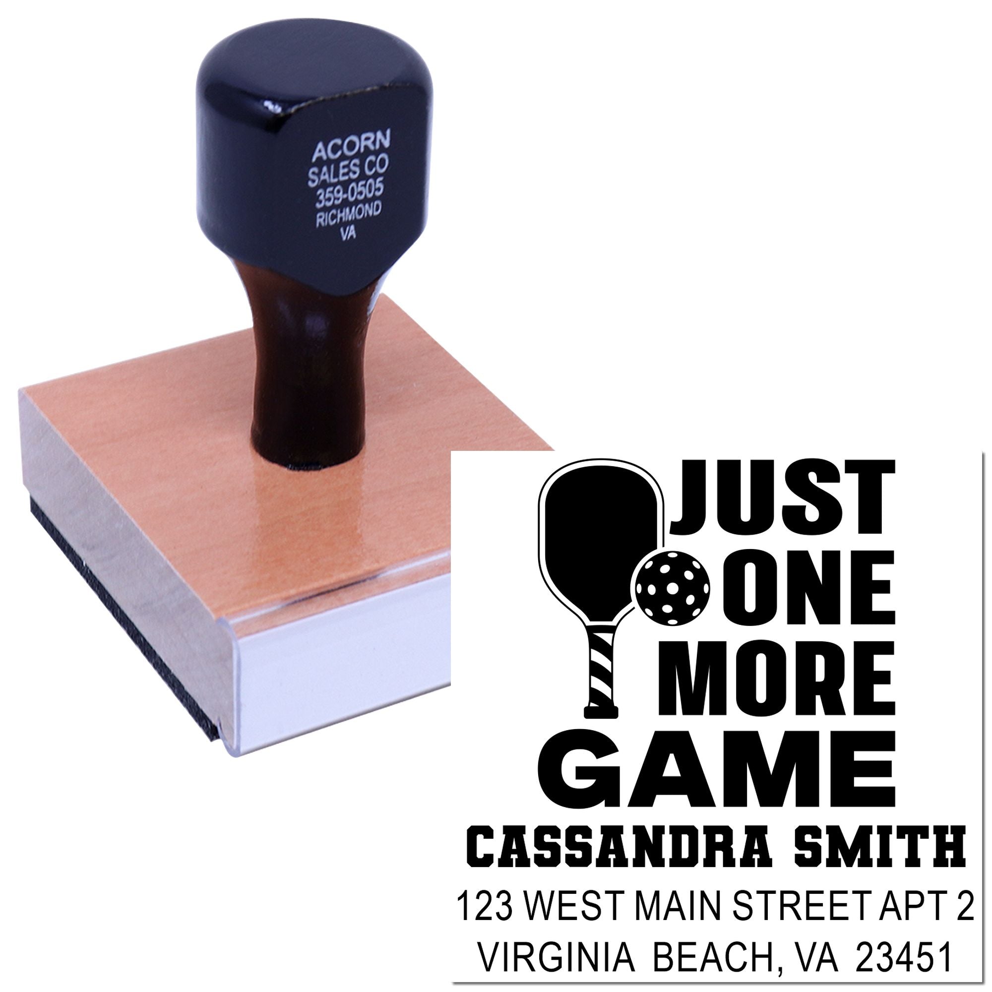 Custom self-inking rubber address stamp with golf-themed Just One More Game design and Virginia Beach address.