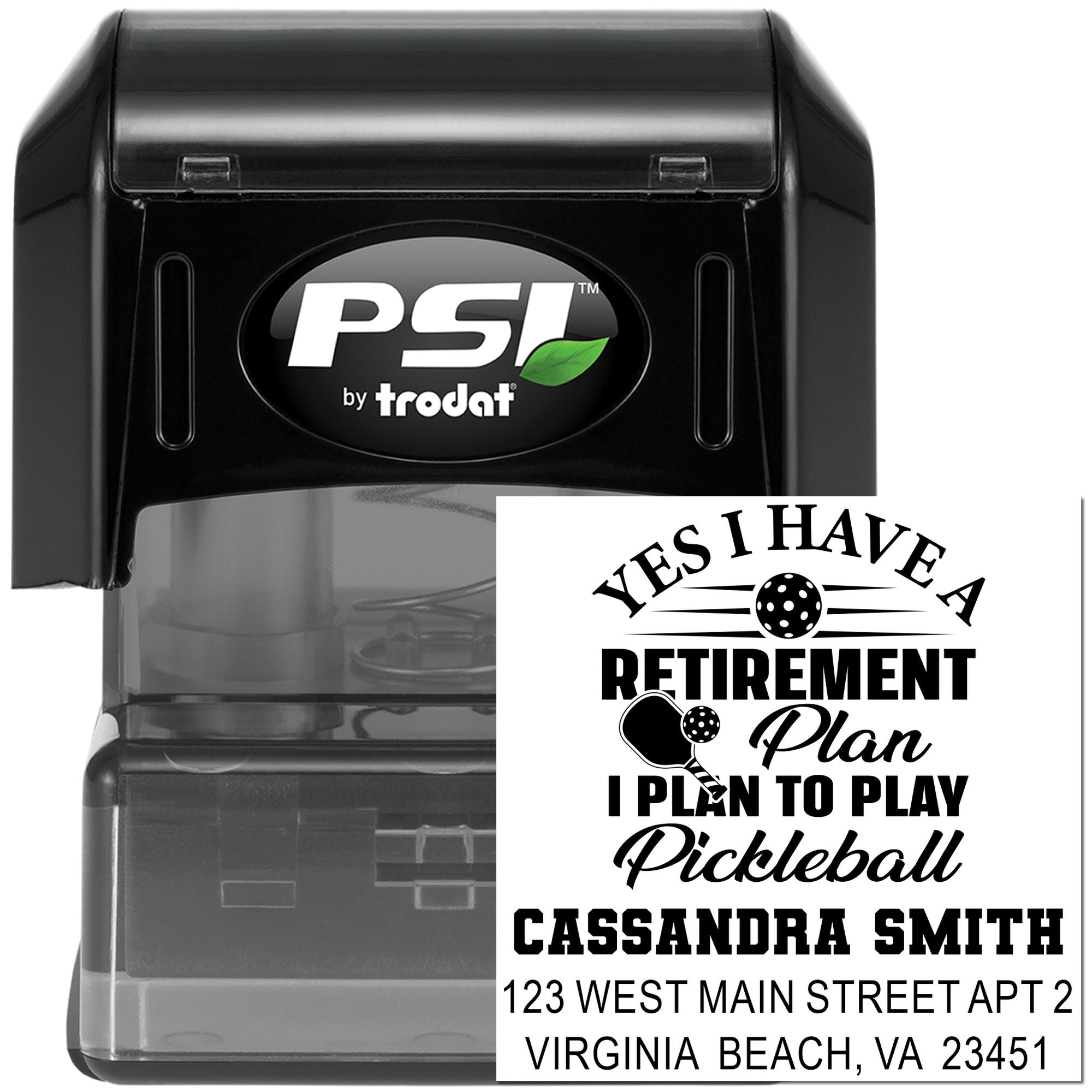 Personalized self-inking rubber stamp for pickleball retirement gifts with custom name and address, PSI by Trodat.