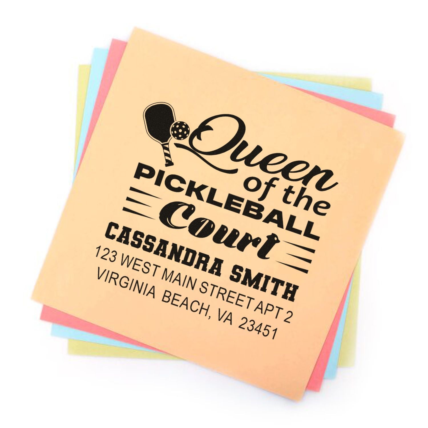 Custom pickleball address rubber stamp design for personalized mail, featuring Queen of the Pickleball Court.