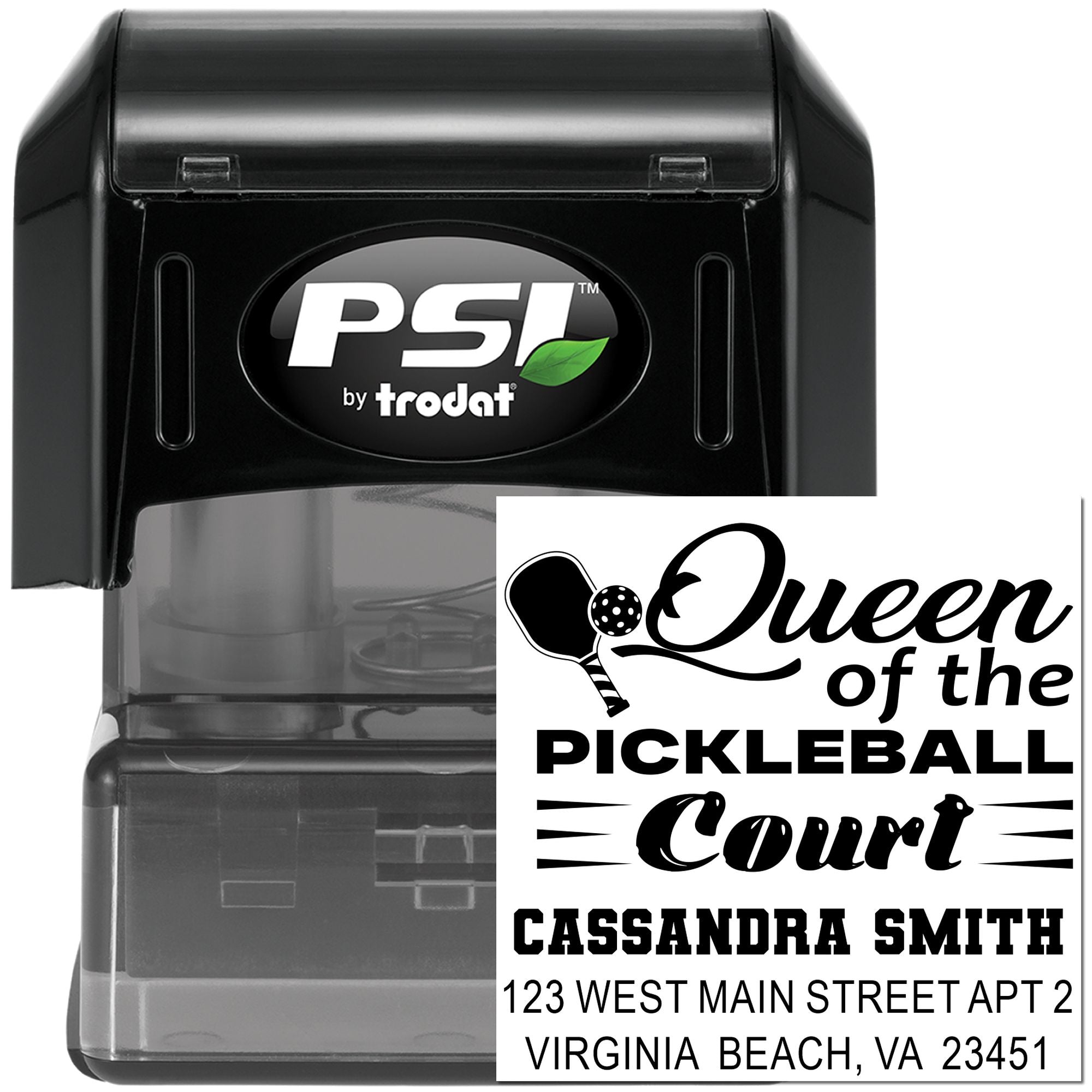 Custom self-inking rubber stamp with Queen of the Pickleball Court design and address for personalized branding.