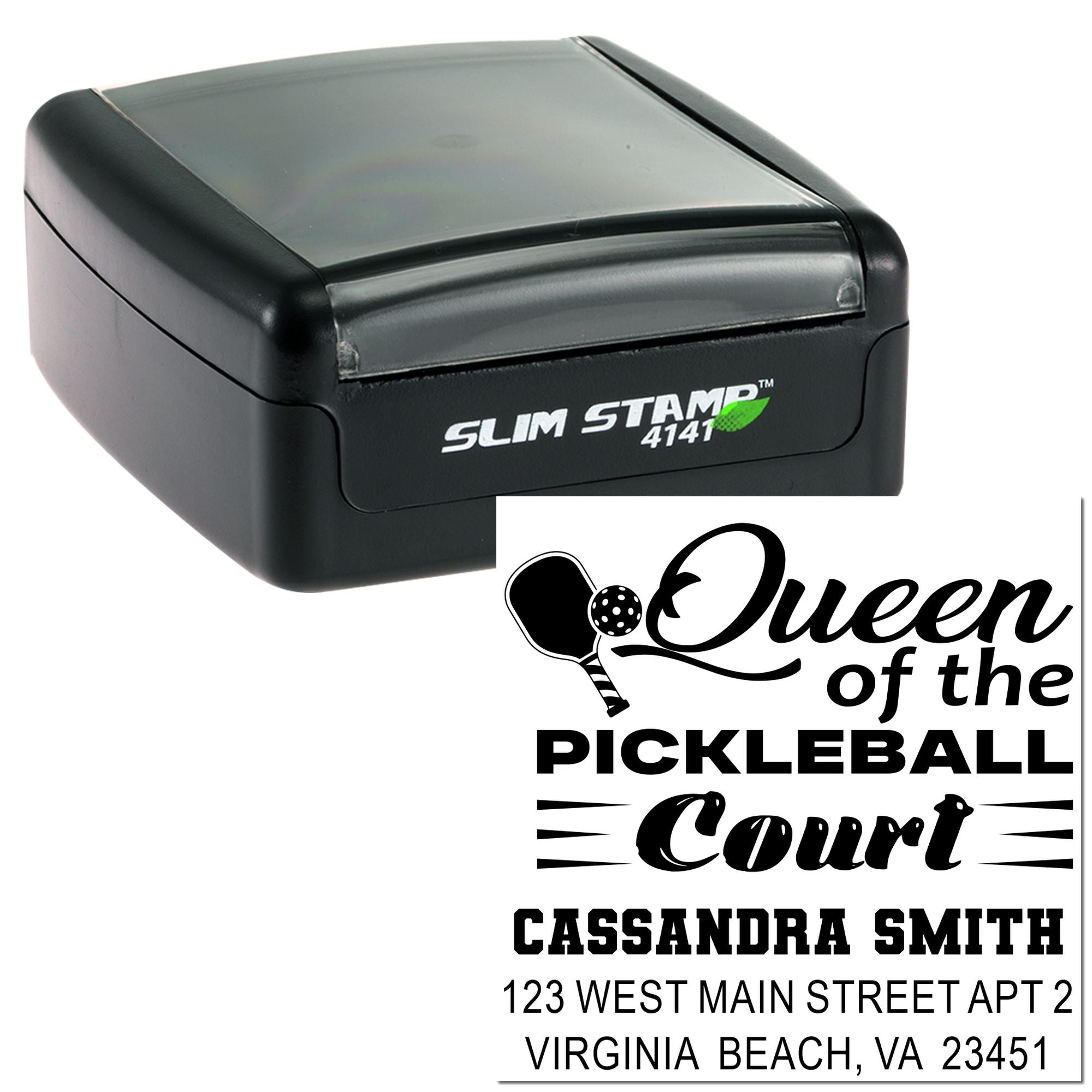 Personalized self-inking rubber stamp for pickleball fans with Queen of the Pickleball Court name and address design.