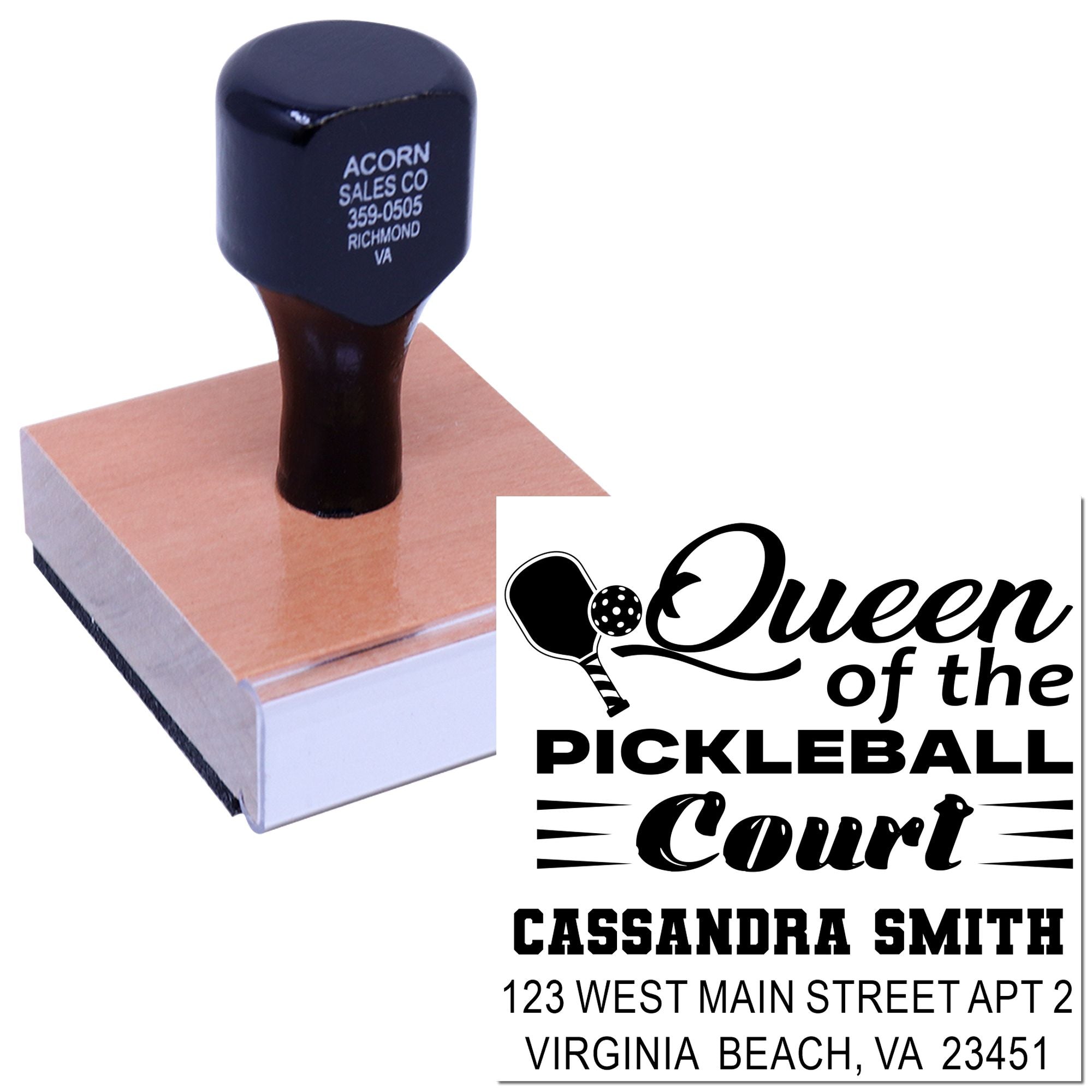 Custom rubber stamp for pickleball players featuring Queen of the Pickleball Court and personalized name and address.