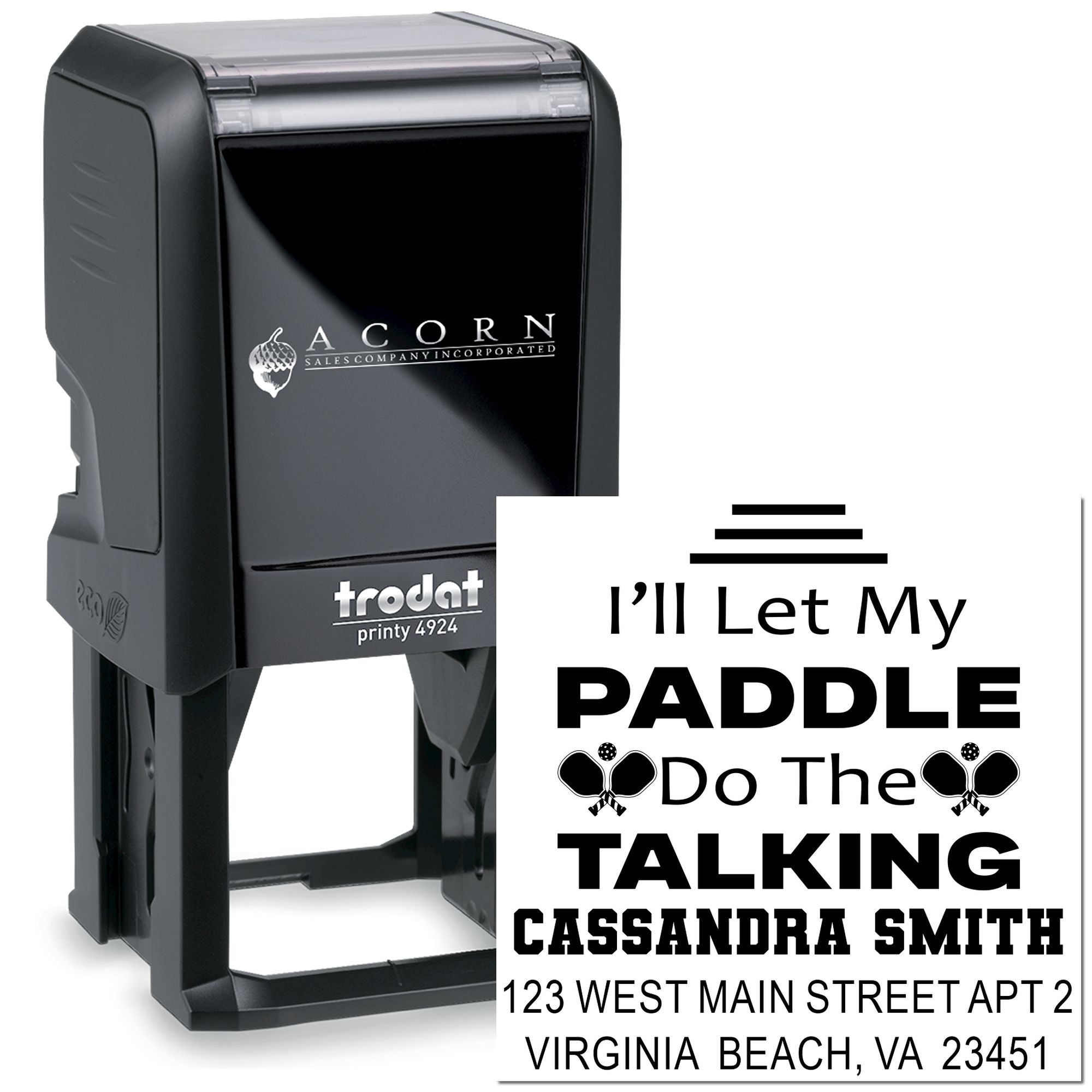Custom self-inking pickleball rubber stamp with personalized name and address imprint for mailing and gifts.