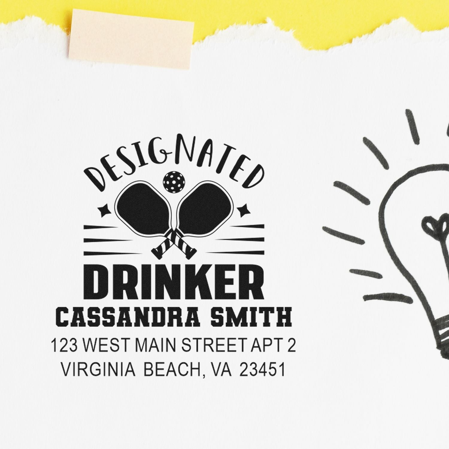 Personalized rubber stamp with Designated Drinker slogan, name, and return address for custom mailing and packaging.