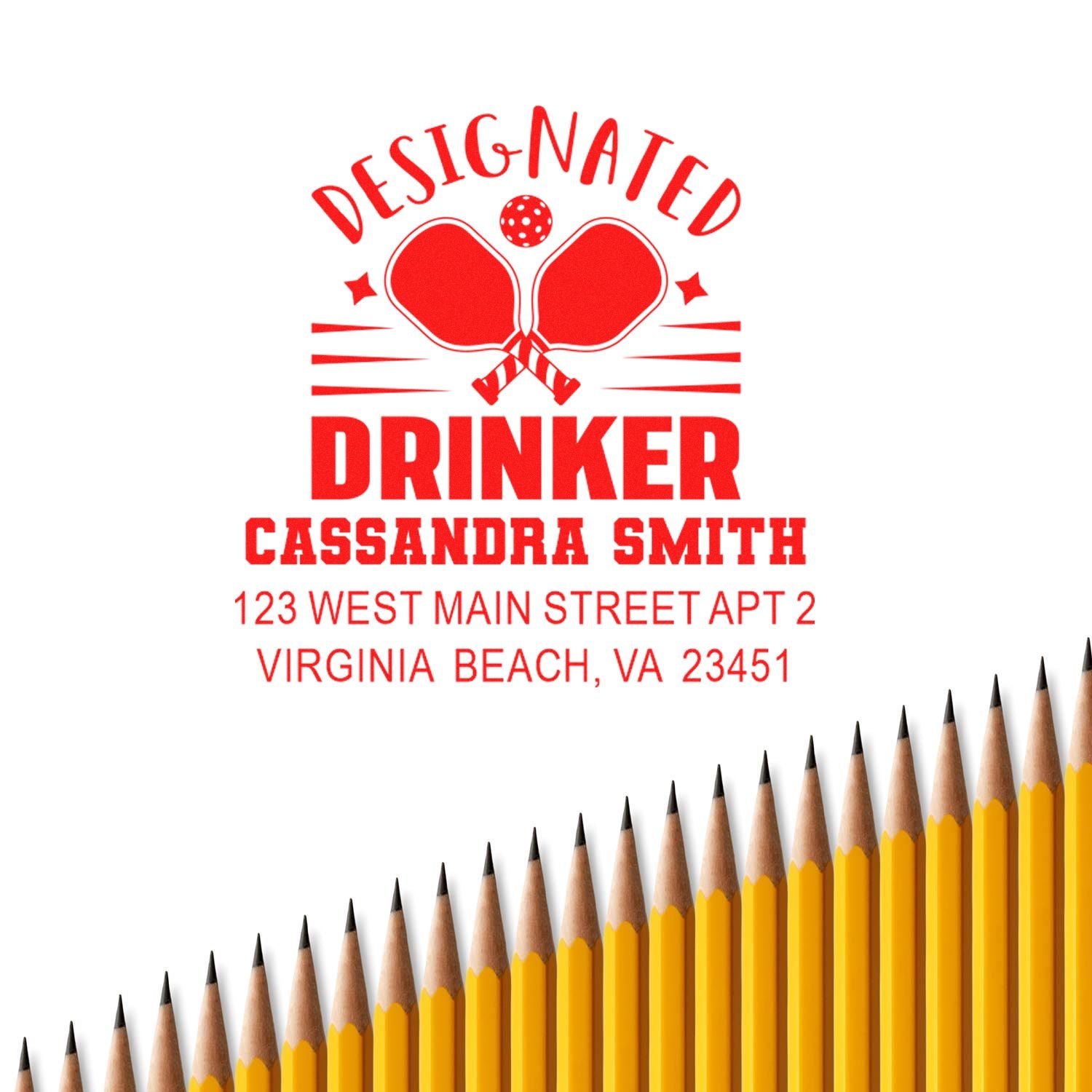 Personalized rubber address stamp for Cassandra Smith, Designated Drinker, Virginia Beach VA, with custom red tennis paddle design.