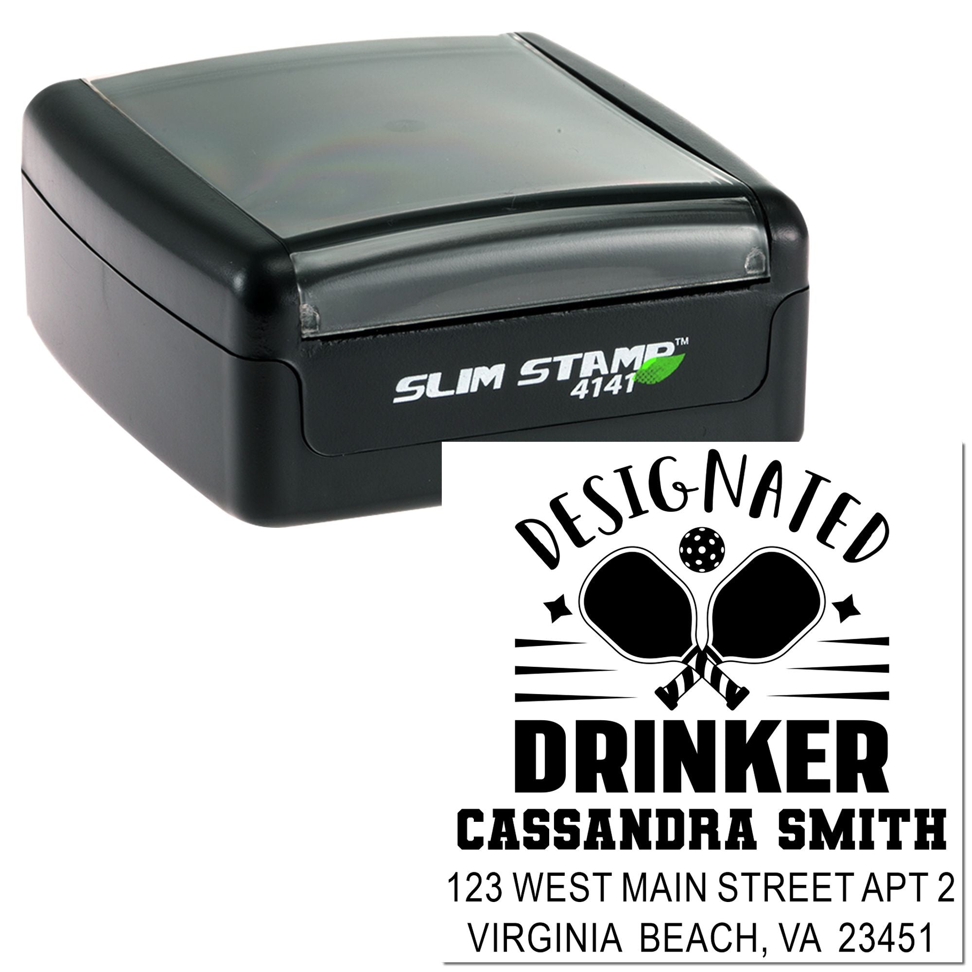 Custom self-inking rubber stamp with Designated Drinker design, personalized name, and address imprint.