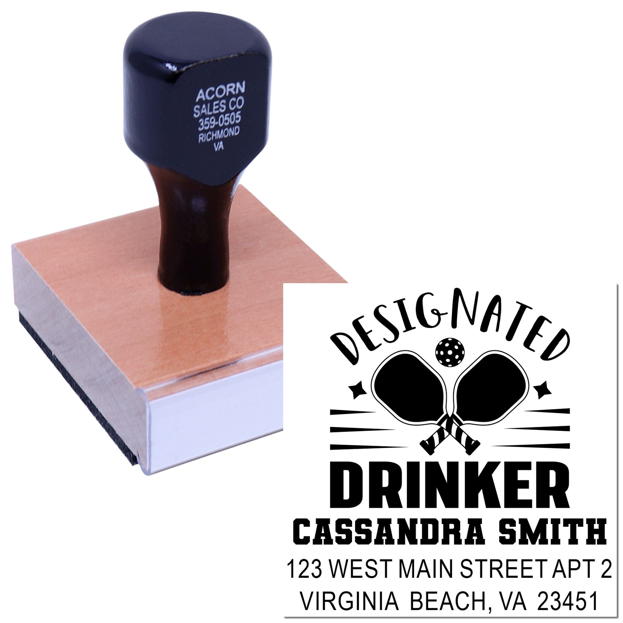 Custom rubber stamp with personalized Designated Drinker return address design for Cassandra Smith