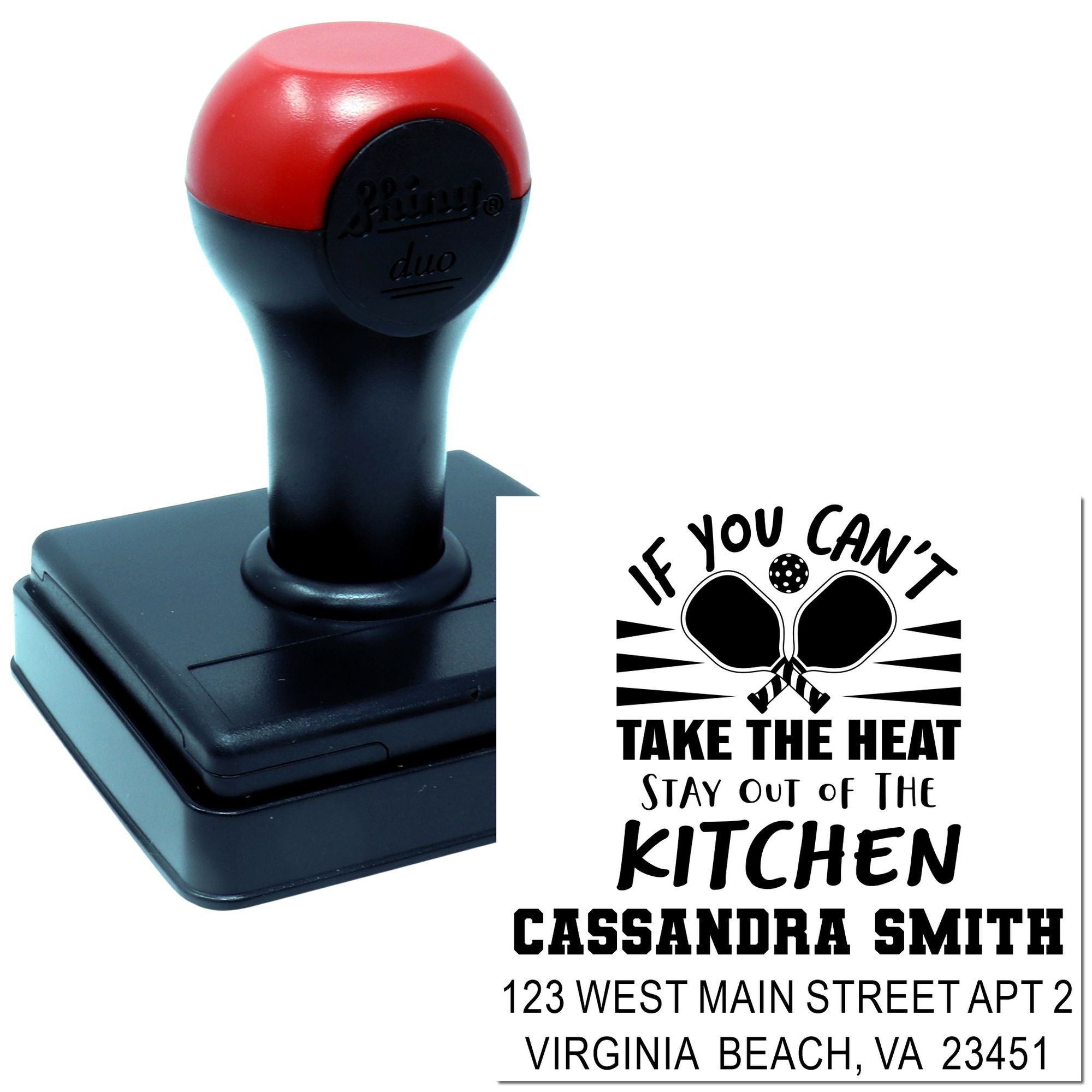 Custom self-inking rubber stamp with If you cant take the heat, stay out of the kitchen quote and personalized address.