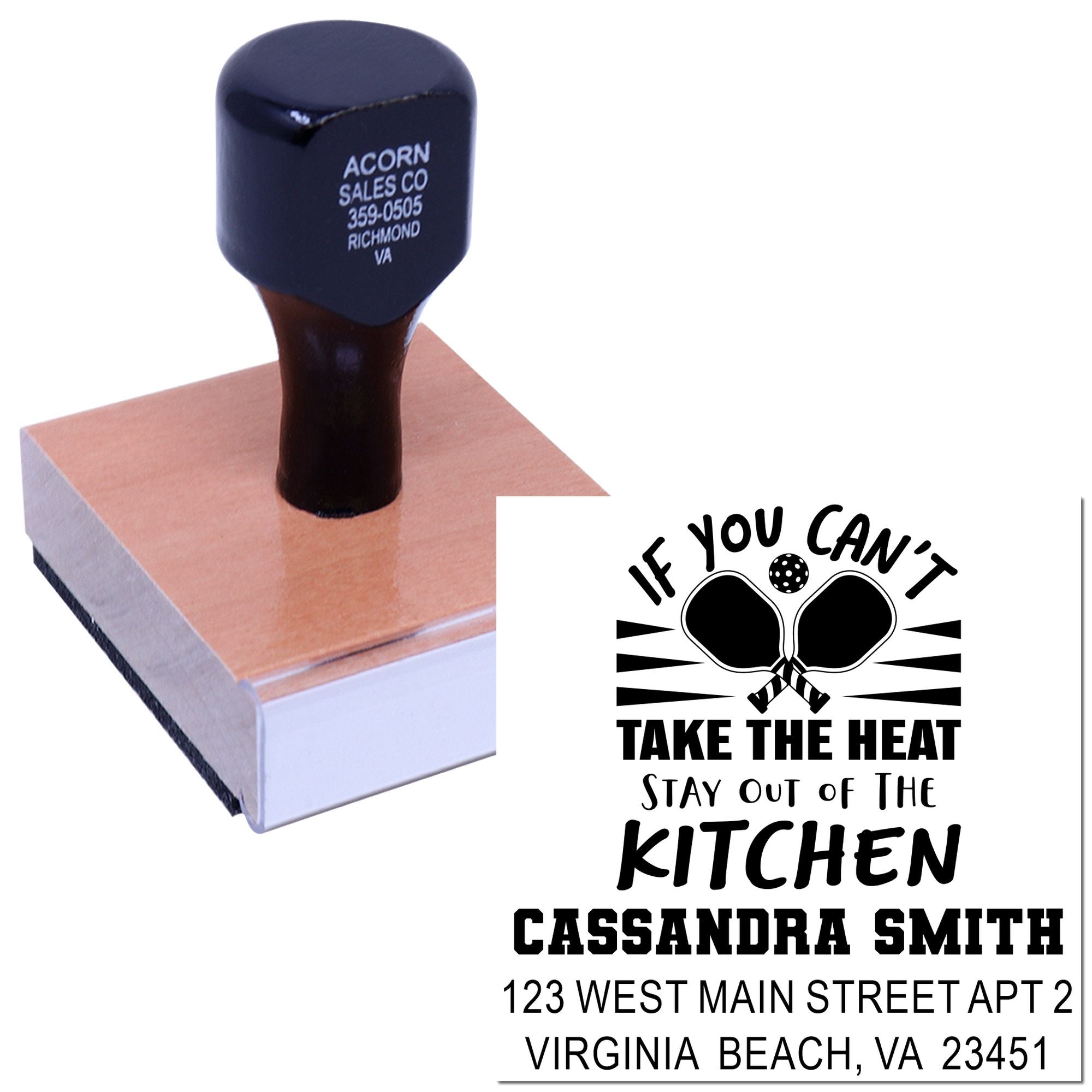 Custom rubber stamp with kitchen quote, name, and address for personalized return address and craft stamping.