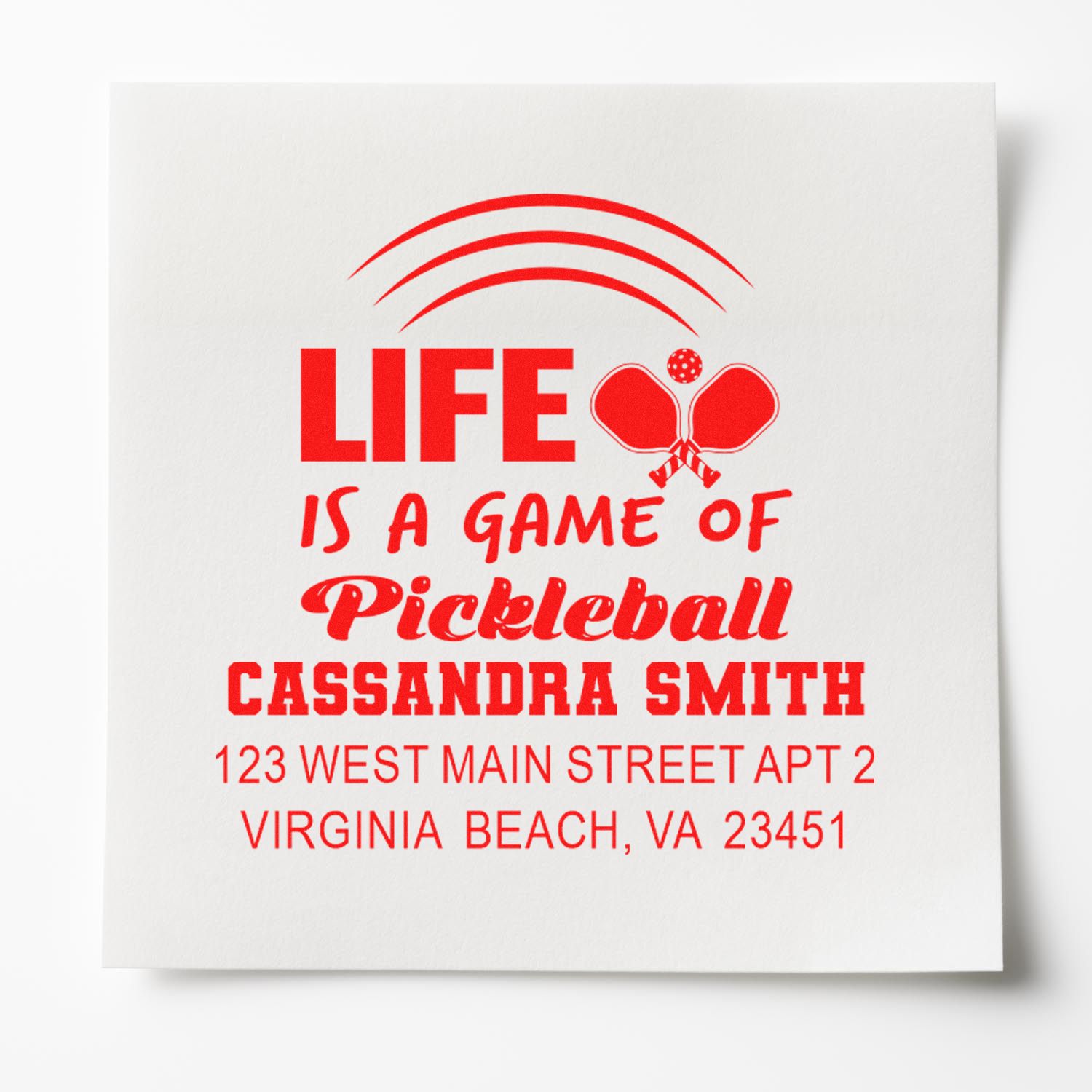 Custom pickleball return address rubber stamp with Life Is a Game of Pickleball, name, and Virginia Beach, VA address.