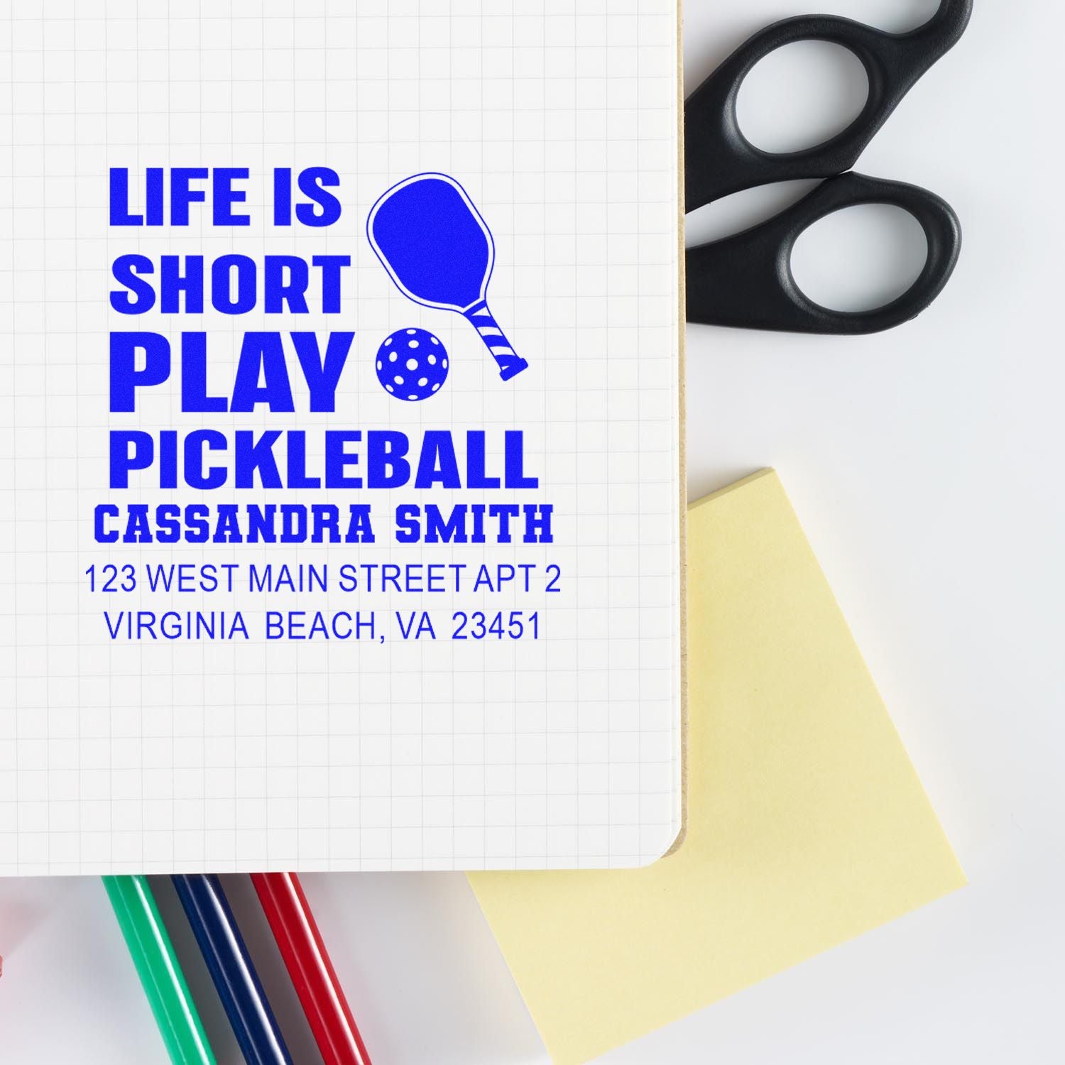 Custom pickleball rubber stamp with name and address, featuring Life Is Short, Play Pickleball for mailing and branding.