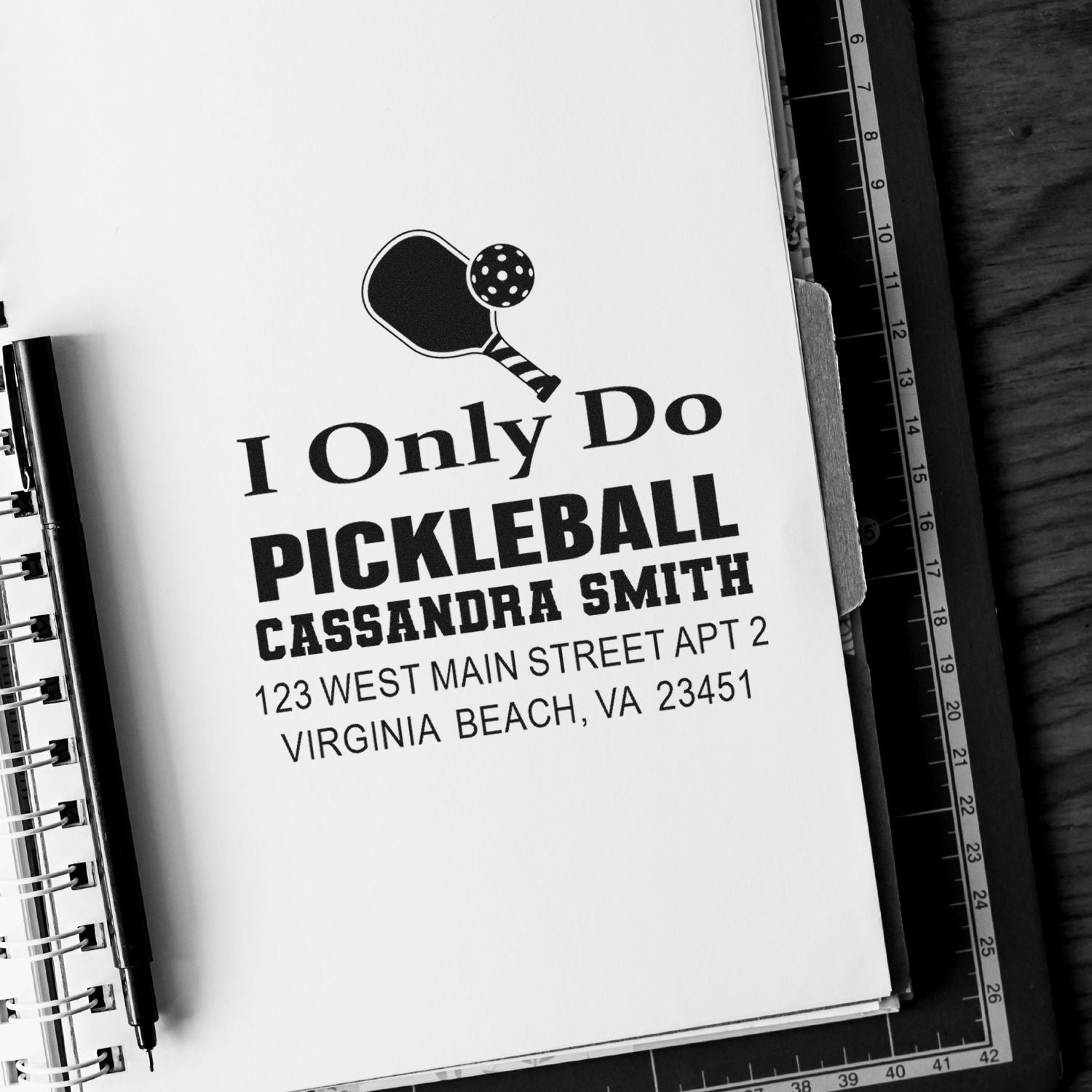 Custom pickleball address rubber stamp with paddle icon, personalized name, and return address.