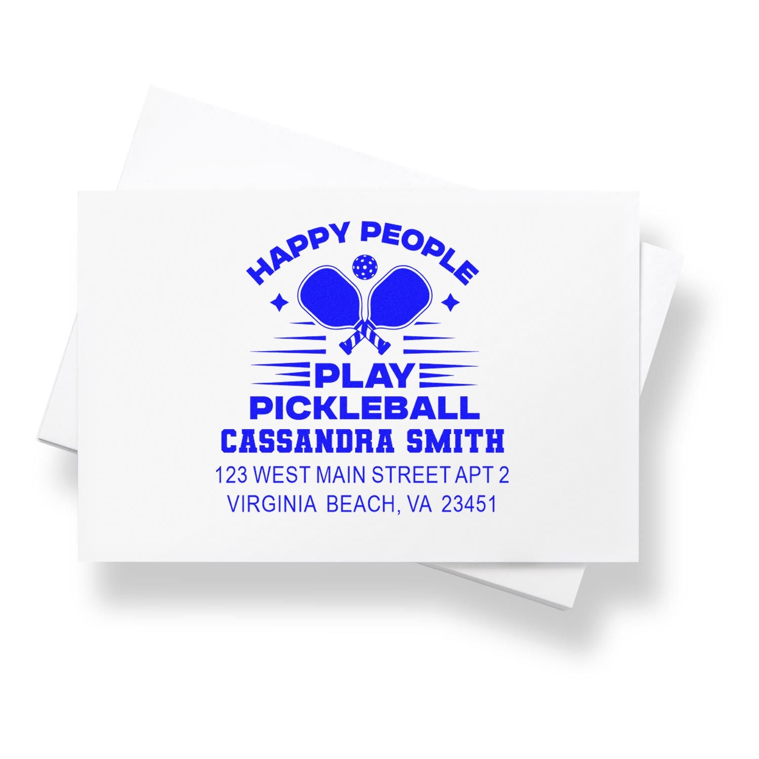 Custom pickleball rubber address stamp with Happy People Play Pickleball, Cassandra Smith, and Virginia Beach return address.