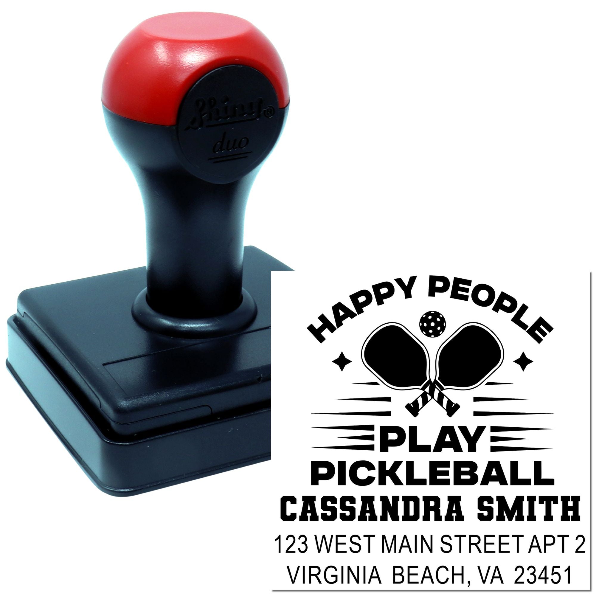 Custom self-inking pickleball rubber stamp with Happy People Play Pickleball return address design and name imprint.