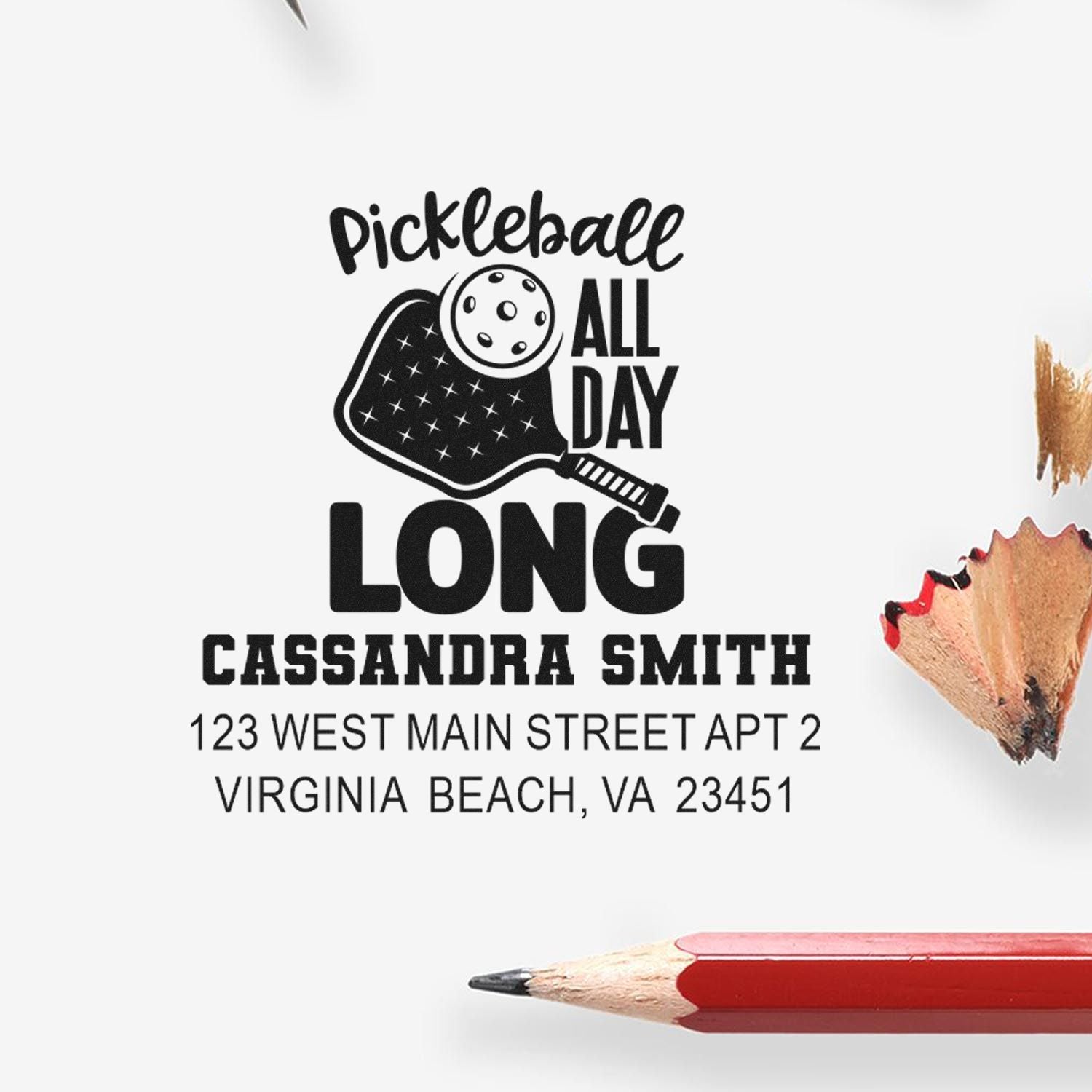 Custom pickleball rubber return address stamp for Cassandra Smith, featuring Pickleball All Day Long and Virginia Beach, VA address.