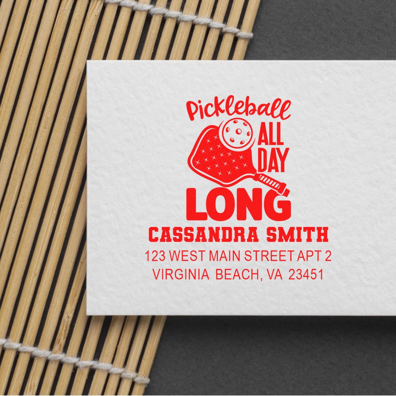Custom pickleball rubber address stamp for envelopes, featuring Cassandra Smith and Virginia Beach return address.
