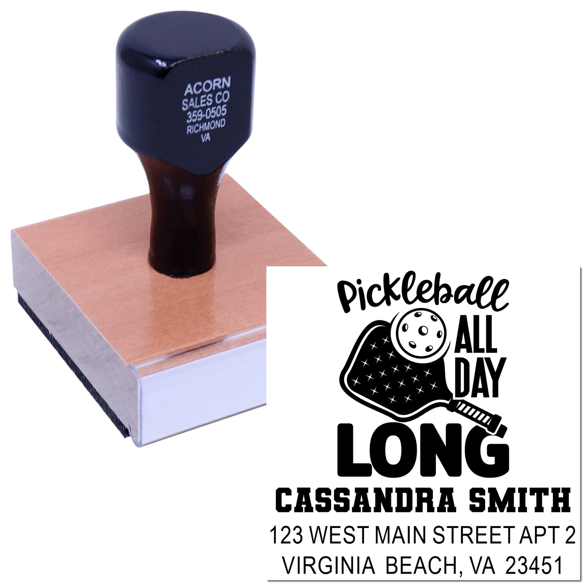 Custom pickleball rubber stamp with Pickleball All Day Long design and return address for personalized mailing.