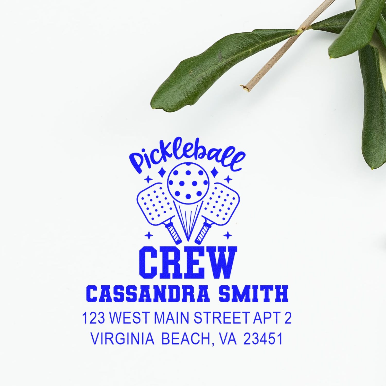 Custom pickleball crew address rubber stamp with Cassandra Smith and Virginia Beach, VA mailing details.