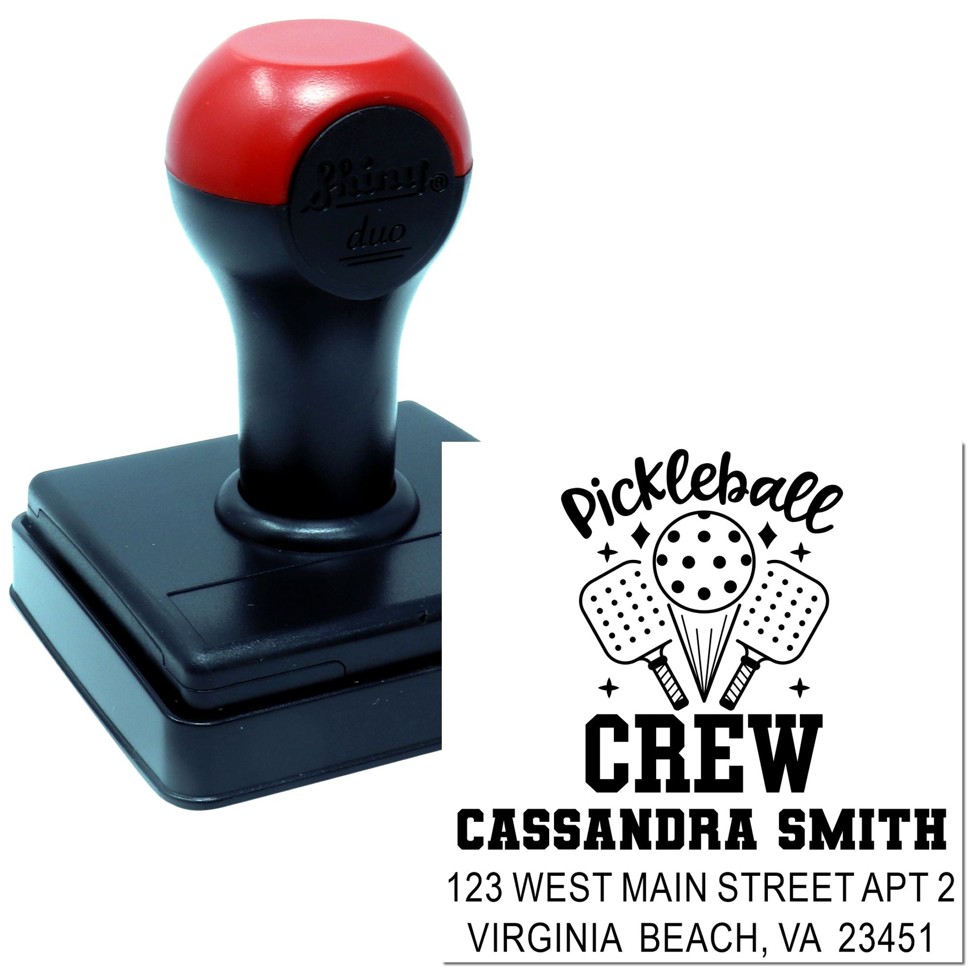 Custom pickleball crew self-inking return address rubber stamp with personalized name and Virginia Beach address.