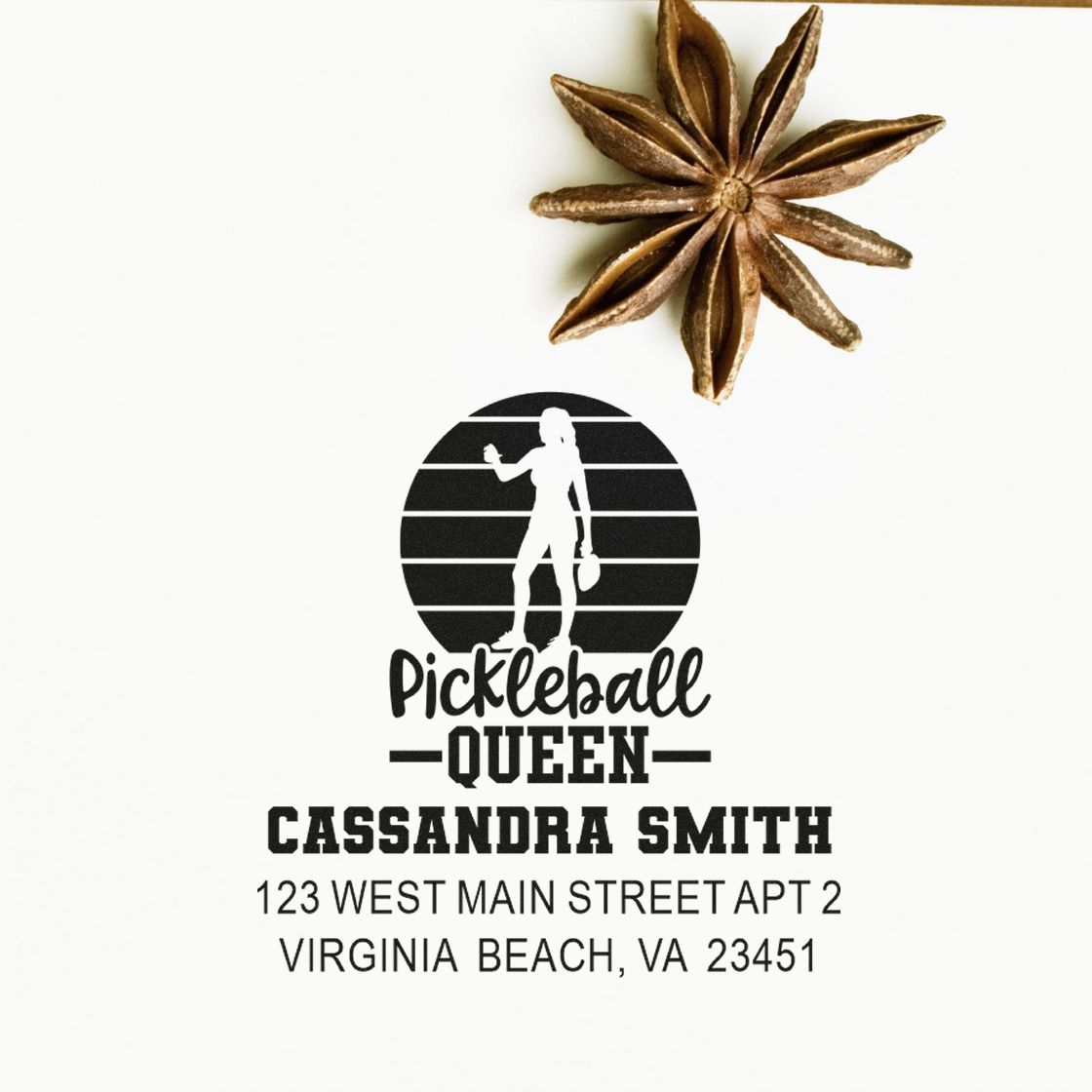 Custom pickleball queen address rubber stamp for Cassandra Smith, Virginia Beach, VA 23451.