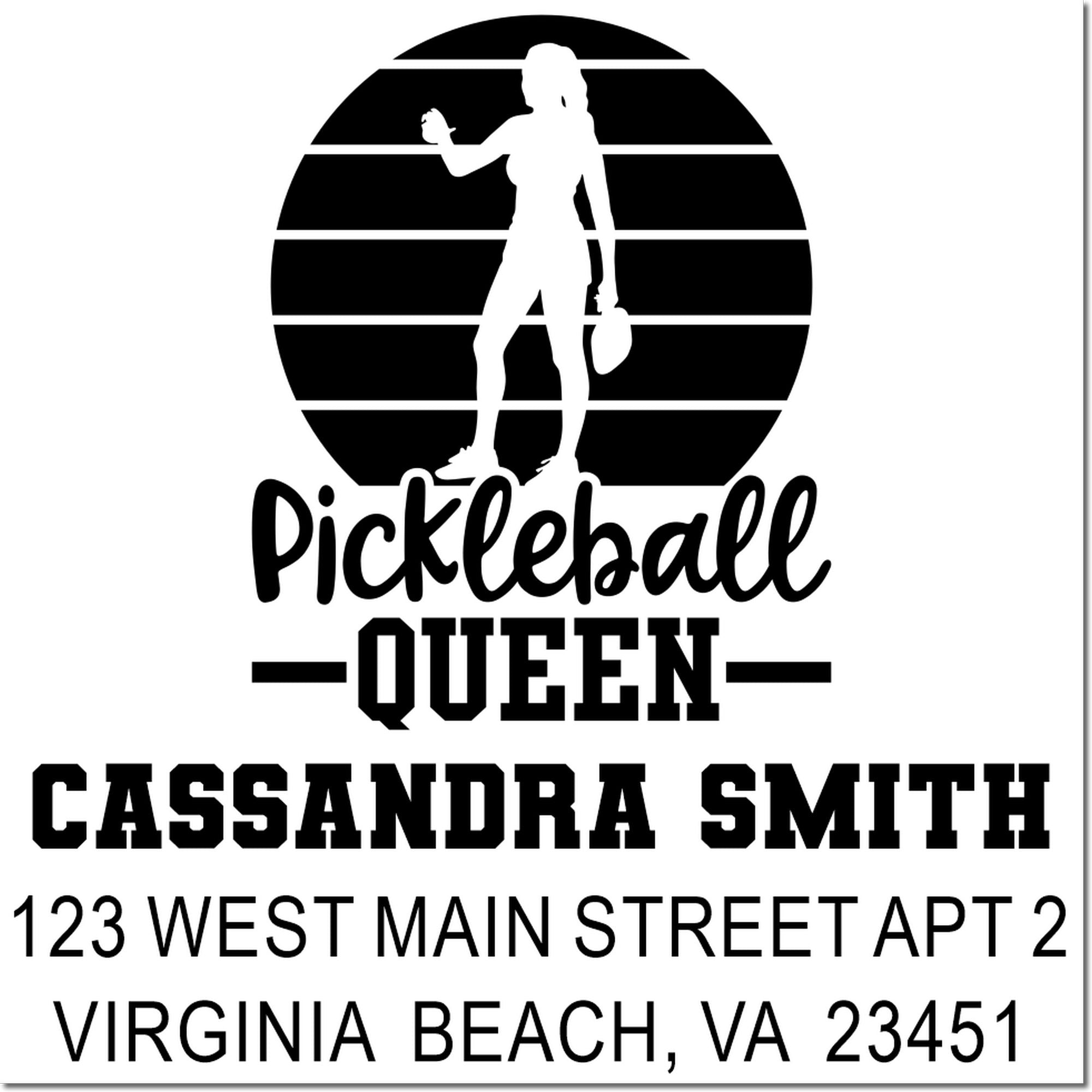 Custom pickleball queen rubber stamp with Cassandra Smith name and Virginia Beach, VA 23451 address