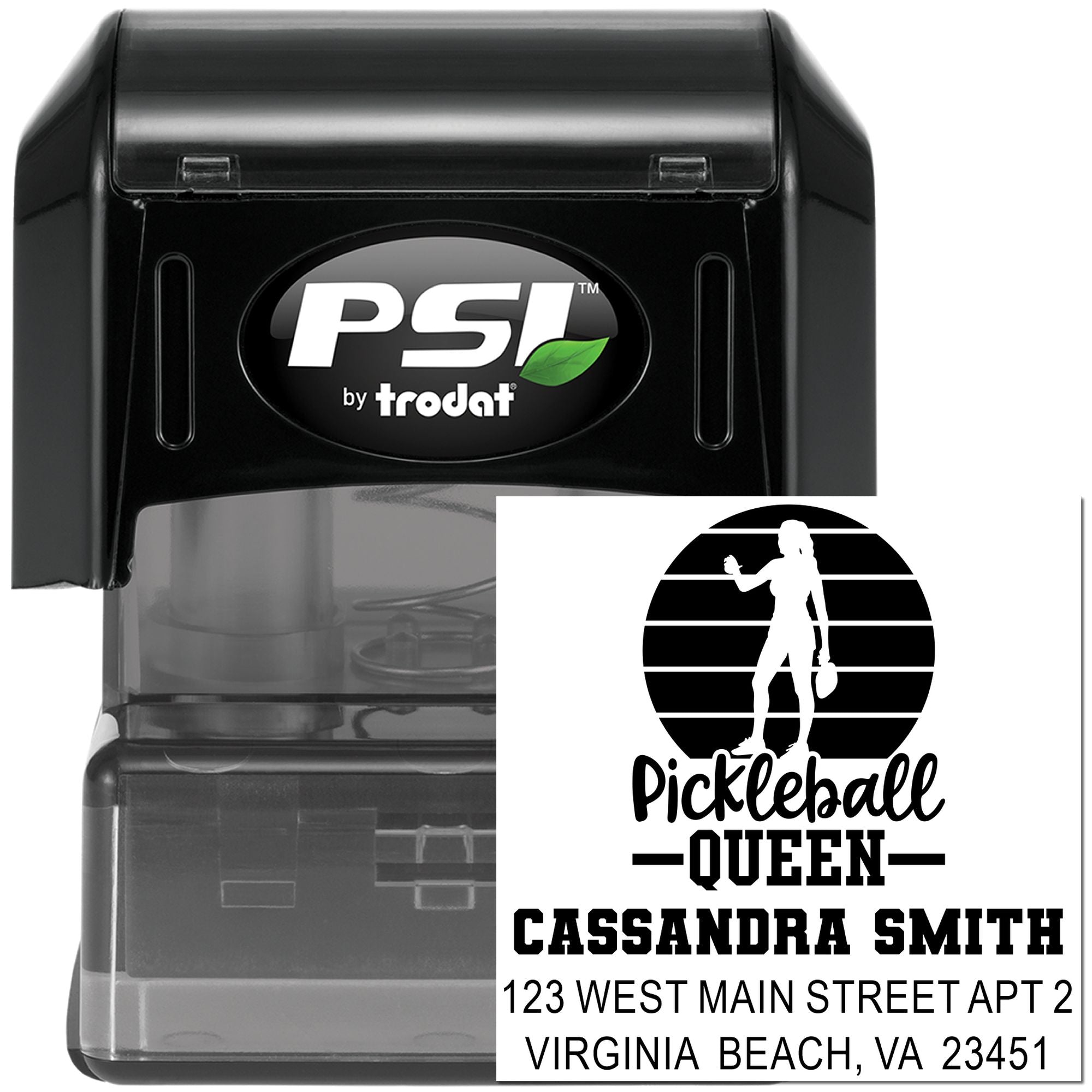 Custom PSI by Trodat self-inking rubber stamp with Pickleball Queen address design for personalized mailing.