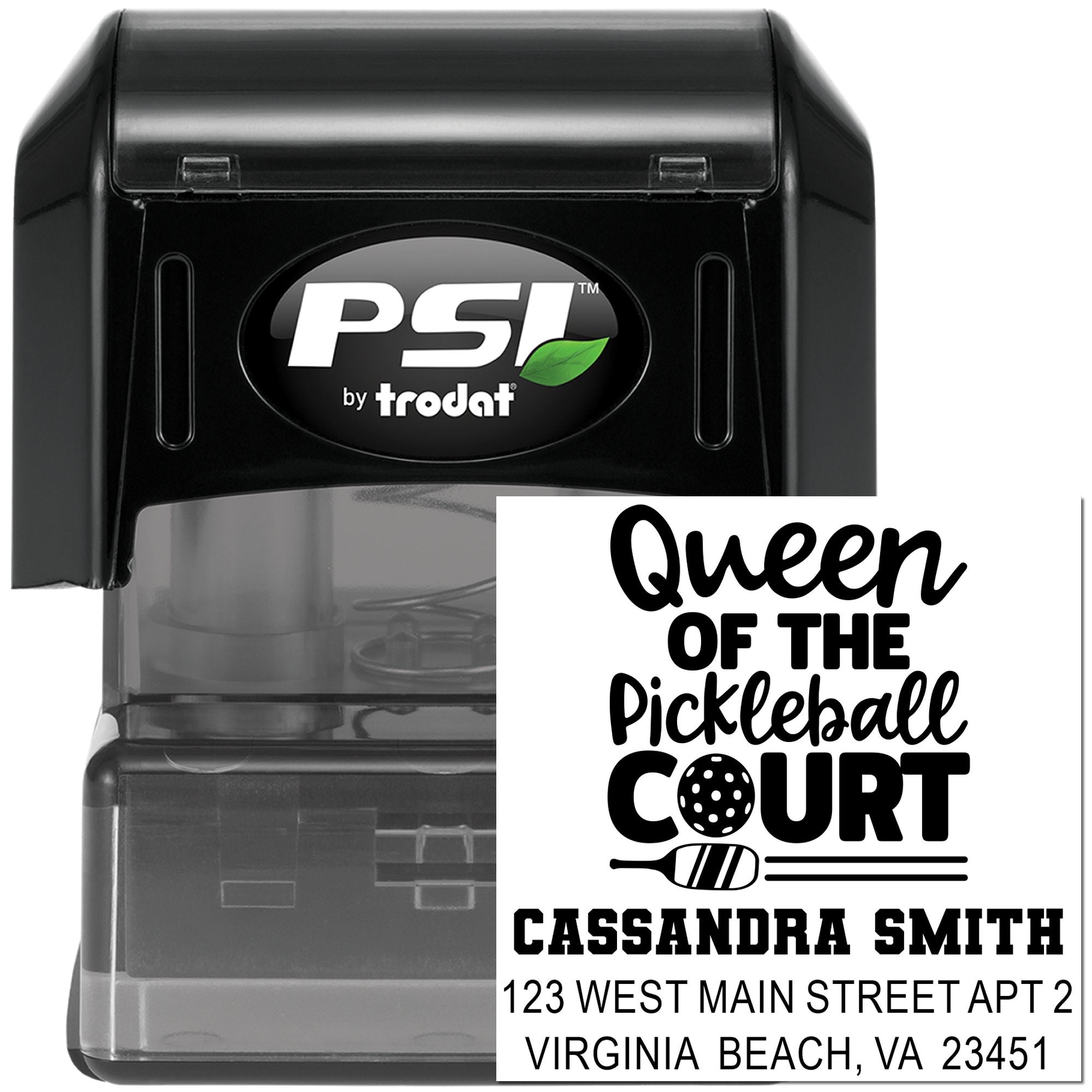 Custom self-inking rubber stamp with Queen of the Pickleball Court design, name, and address, PSI by Trodat.
