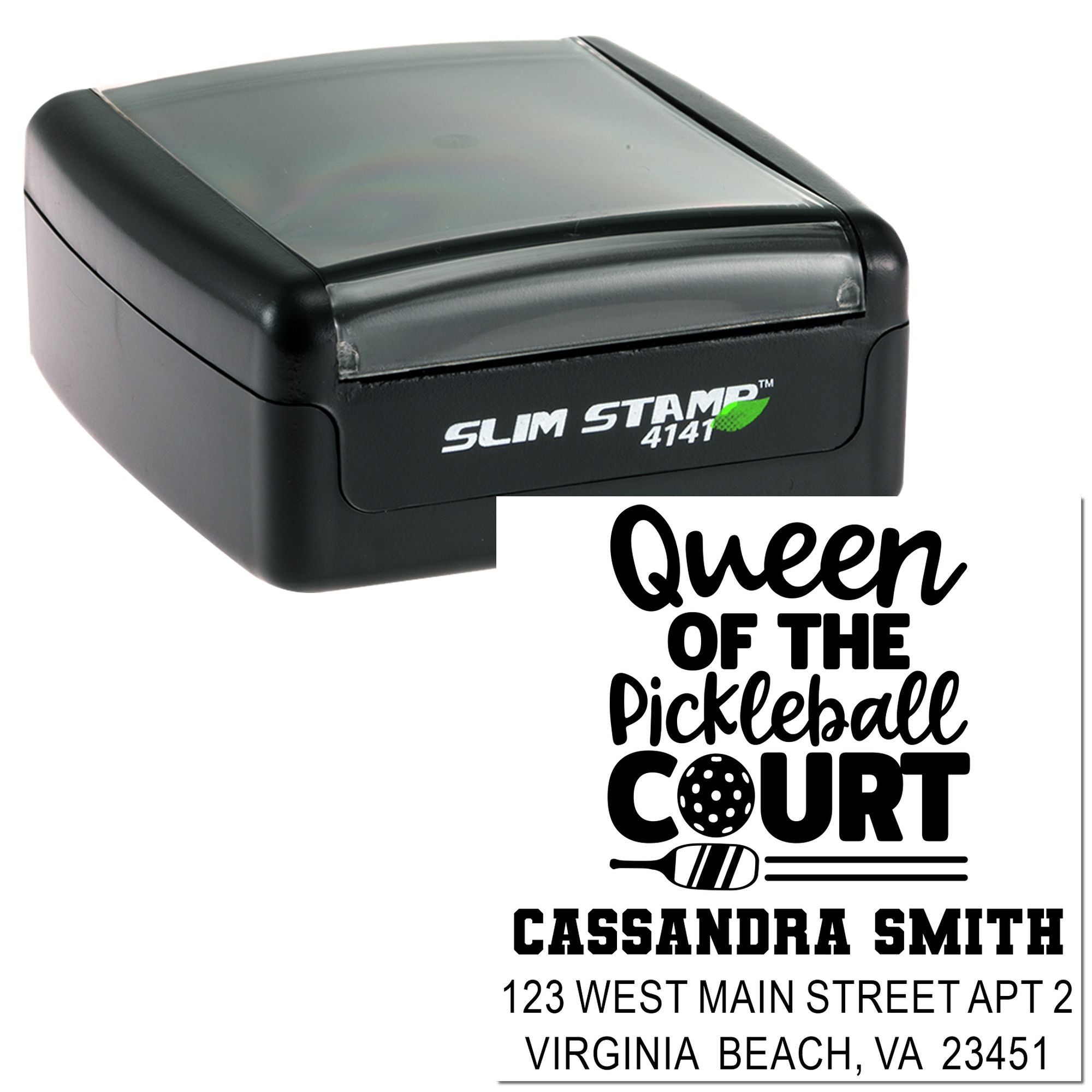 Custom self-inking rubber stamp with Queen of the Pickleball Court design, personalized name, and return address.