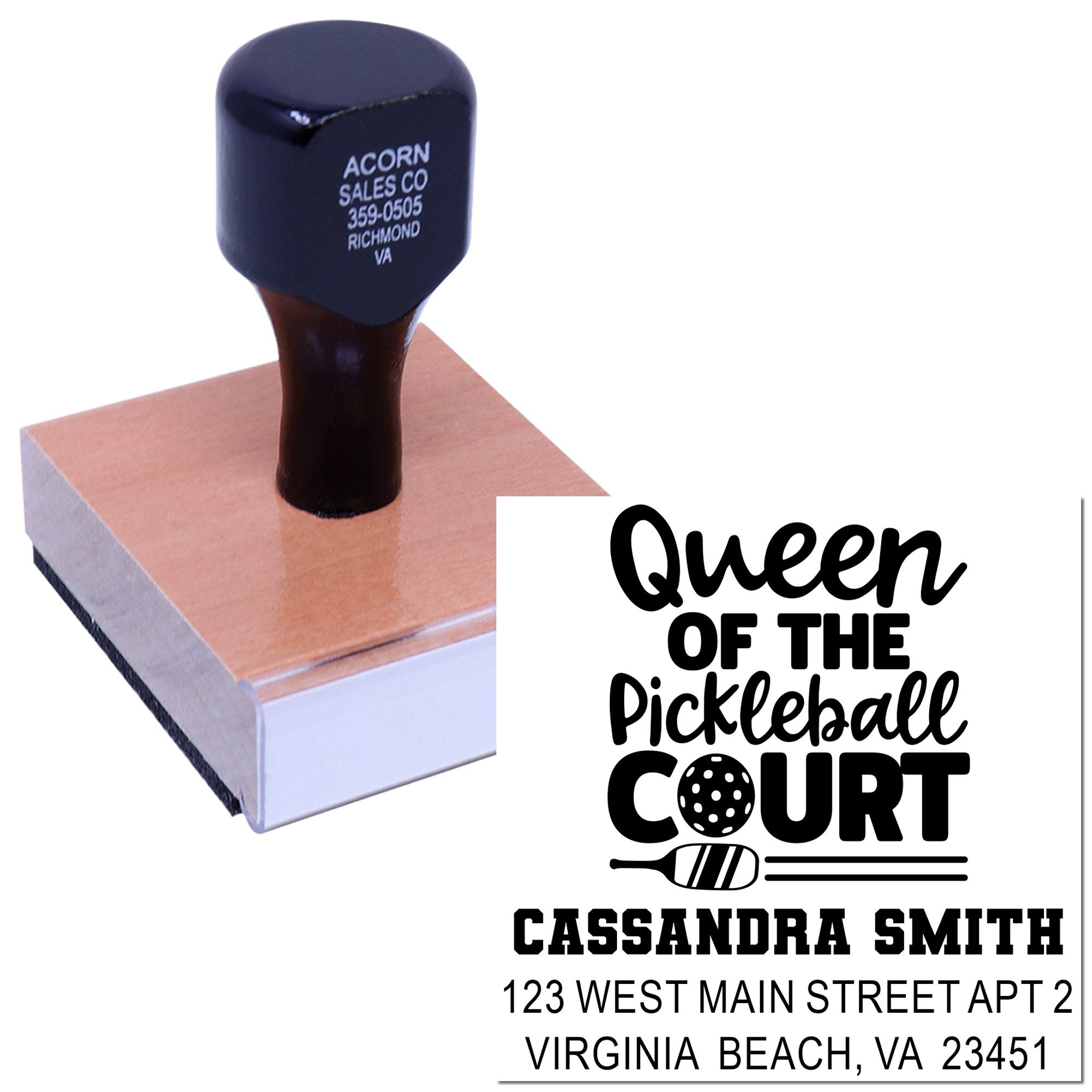Custom rubber stamp featuring Queen of the Pickleball Court with personalized name and address imprint.