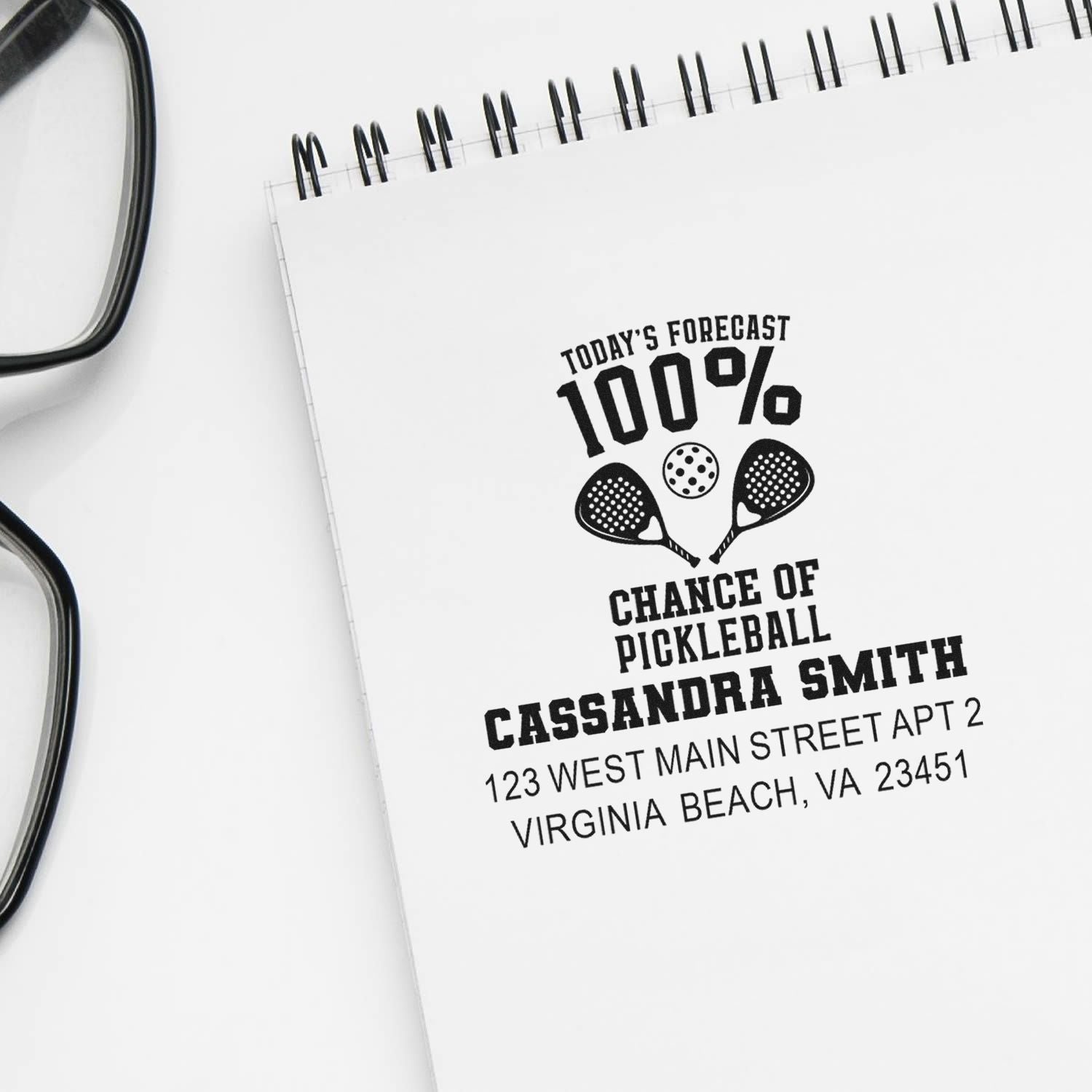 Custom rubber stamp for pickleball players with personalized name and address, featuring 100% chance of pickleball design.