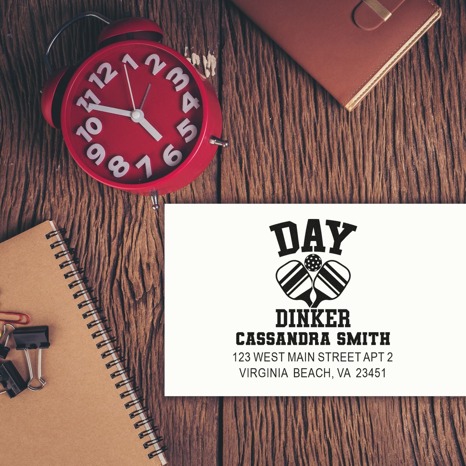 Custom rubber address stamp for Cassandra Smith with Day Dinker design, ideal for envelopes and personalized stationery.