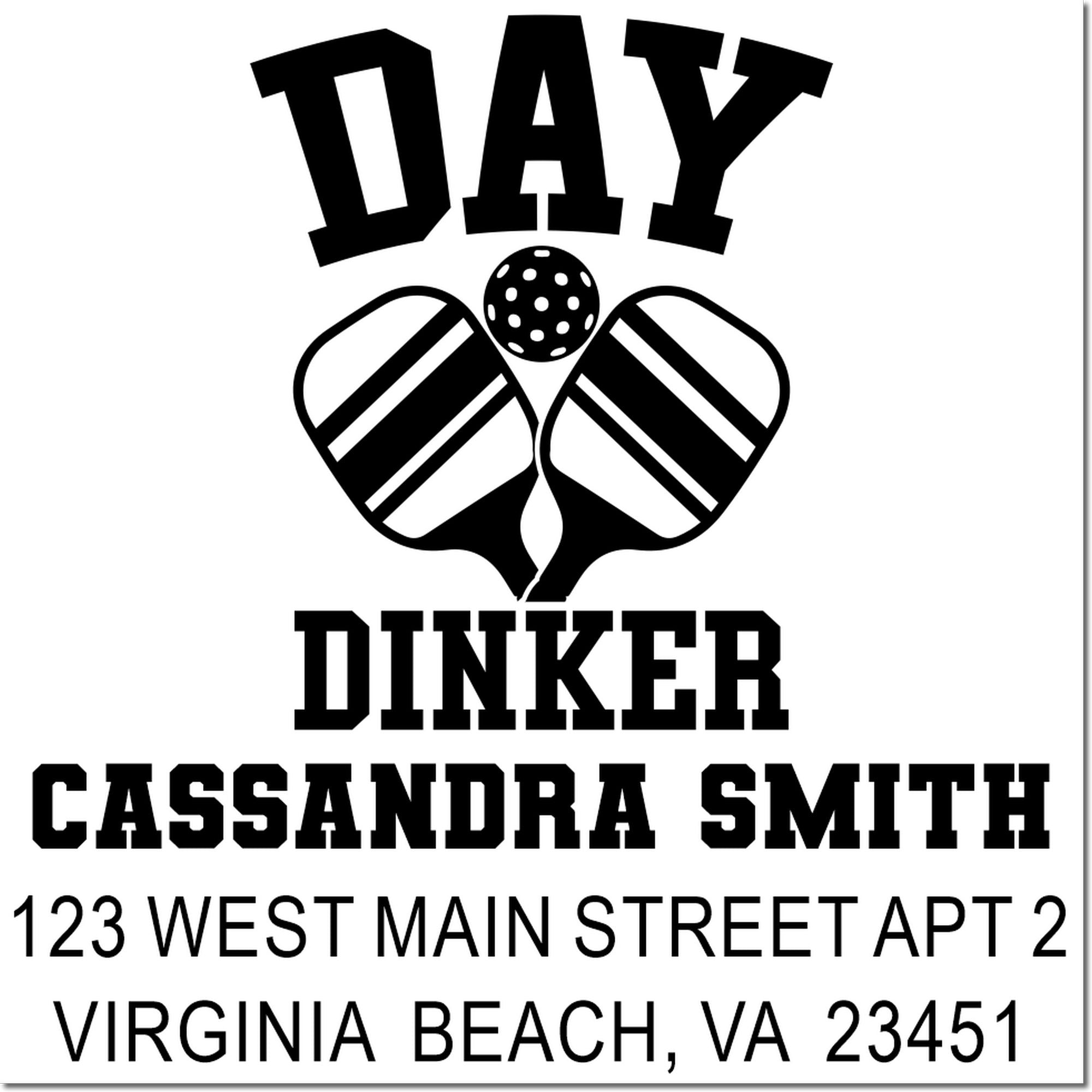 Custom return address rubber stamp for Cassandra Smith with golf logo and Virginia Beach, VA address.