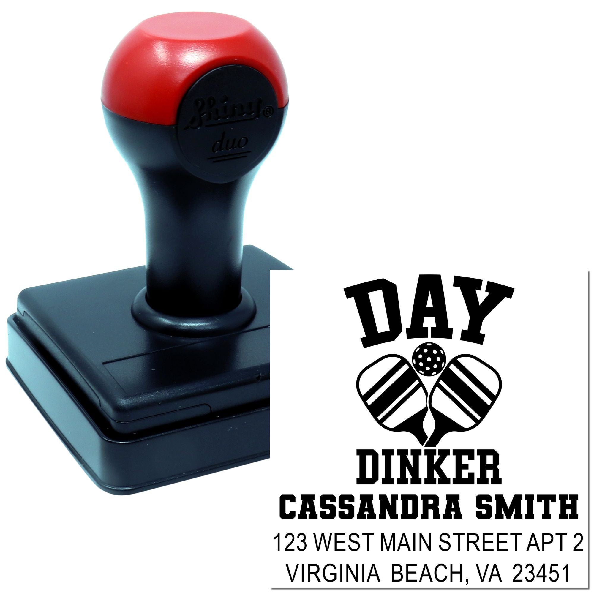 Custom self-inking rubber address stamp with personalized name and mailing imprint for envelopes and stationery.