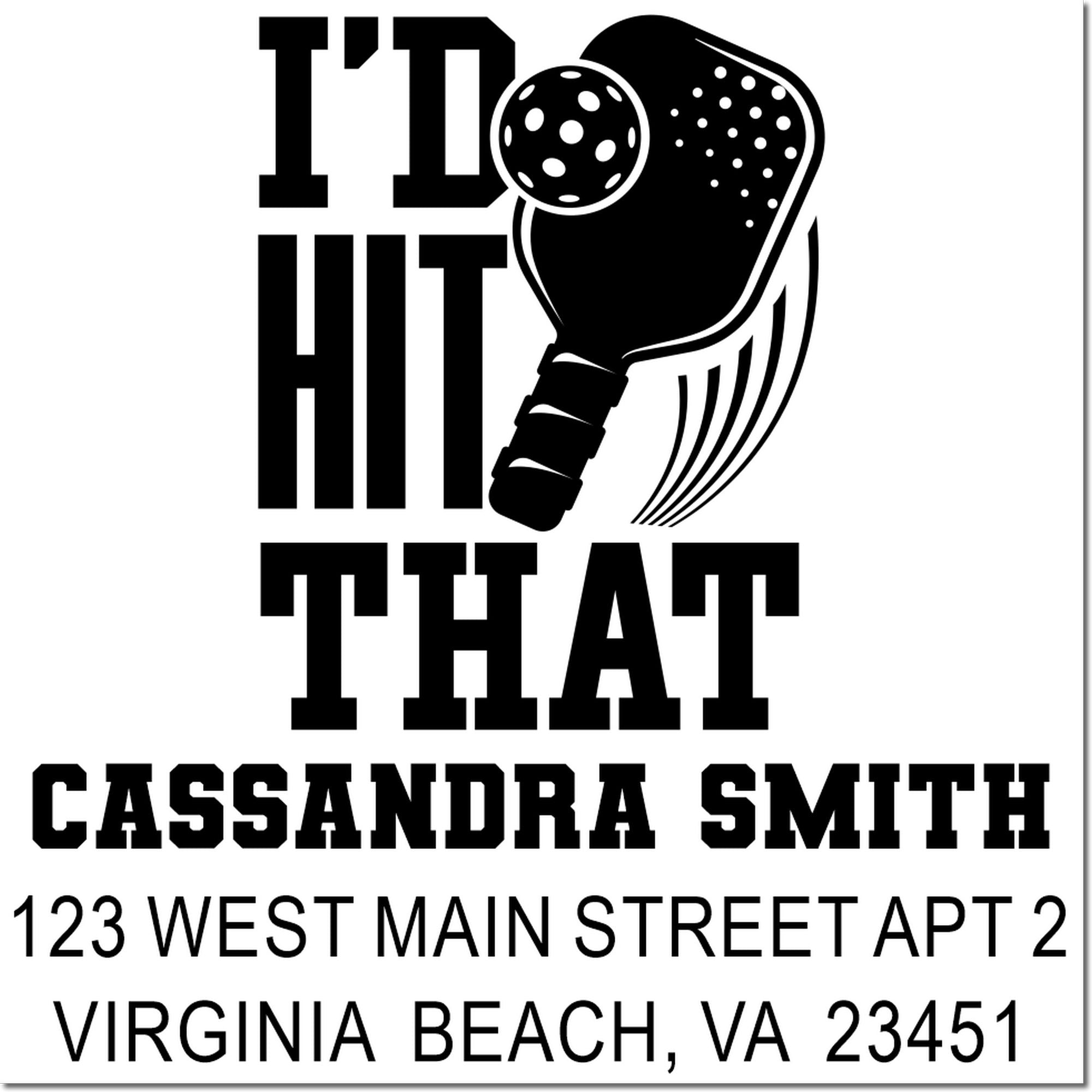 Personalized tennis return address rubber stamp with paddle and ball, Id Hit That for Cassandra Smith, Virginia Beach.