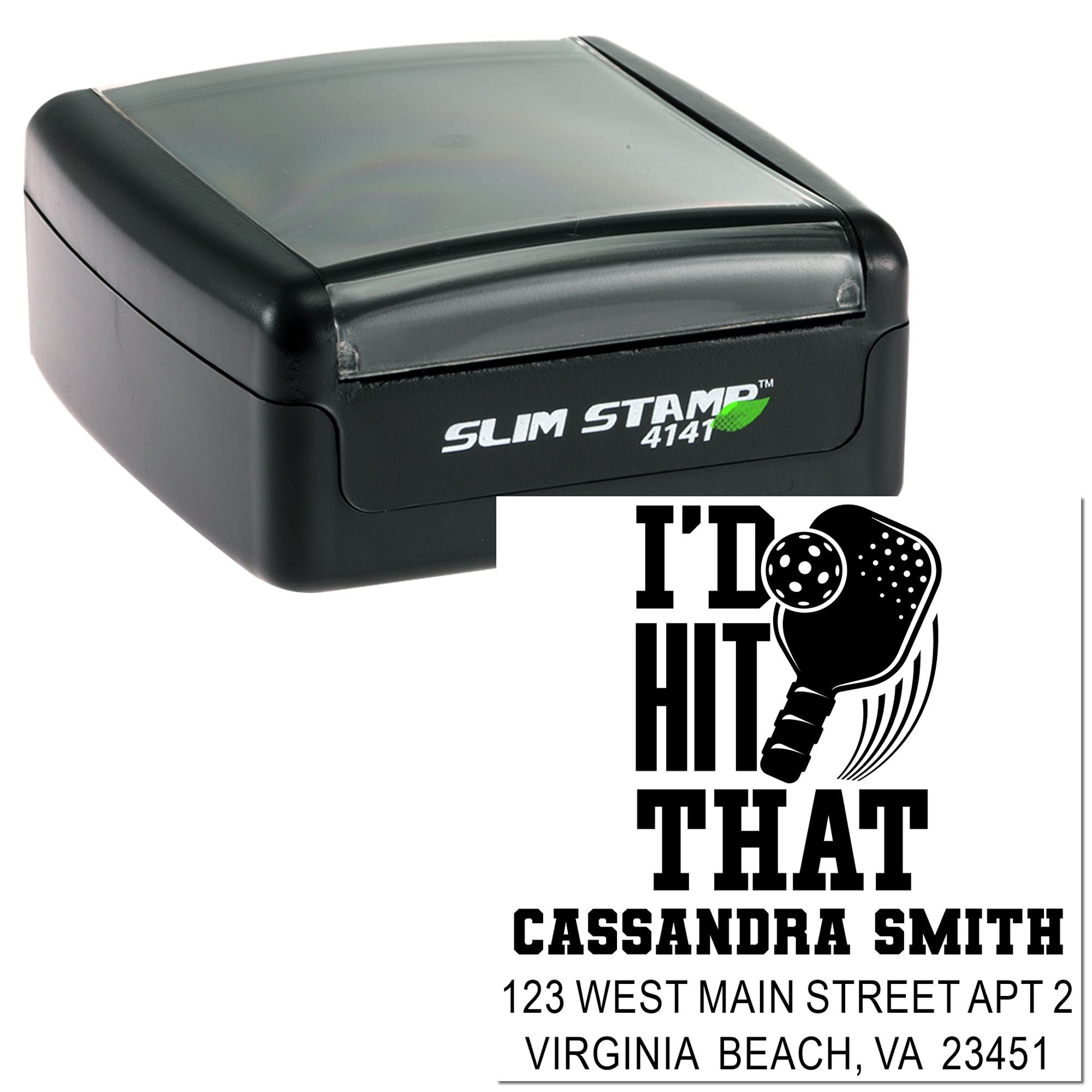 Custom self-inking rubber stamp with pickleball Id Hit That design and personalized name and address imprint.