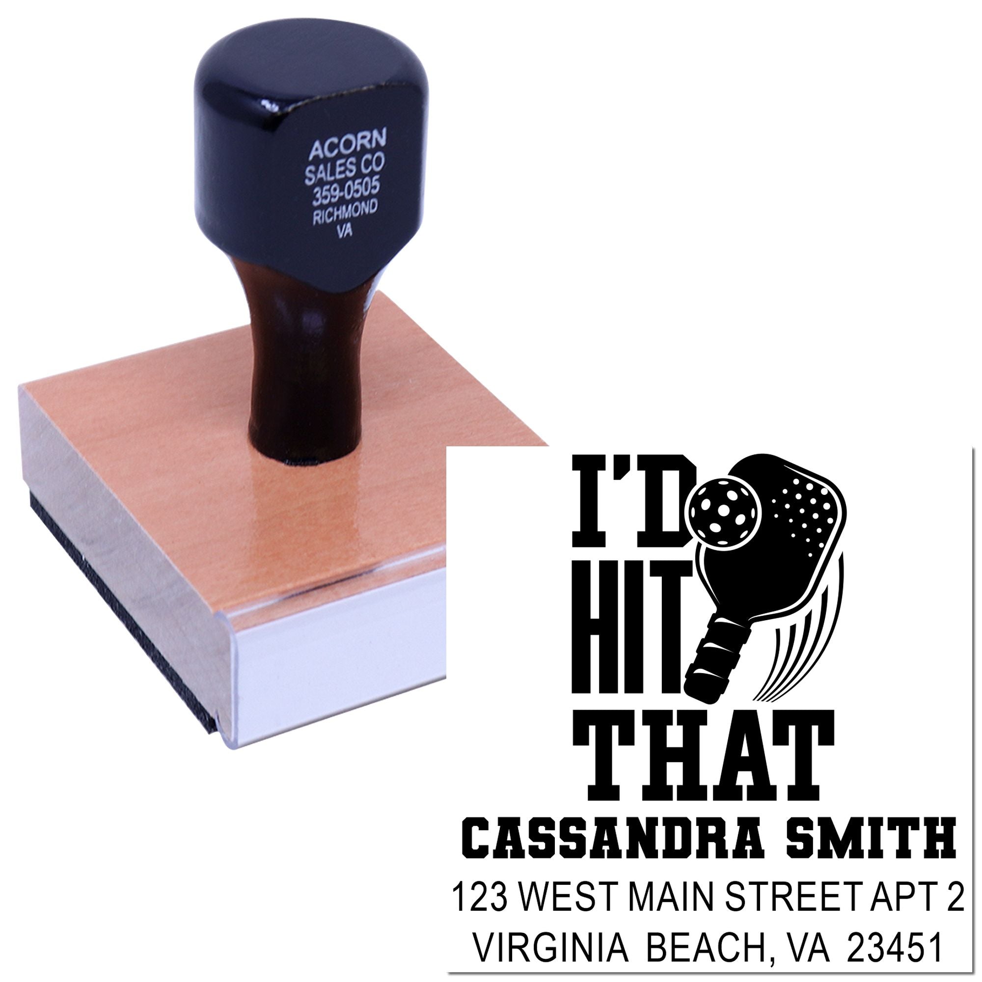 Custom return address rubber stamp with tennis racket logo and Id Hit That design for Cassandra Smith.