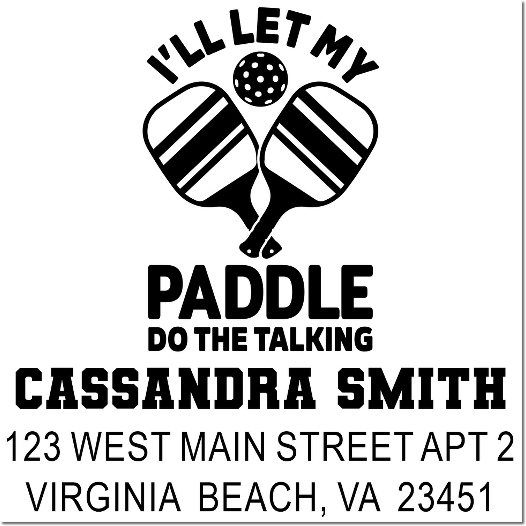 Custom rubber stamp design with paddle icon, slogan, and Cassandra Smith Virginia Beach address for mailing.