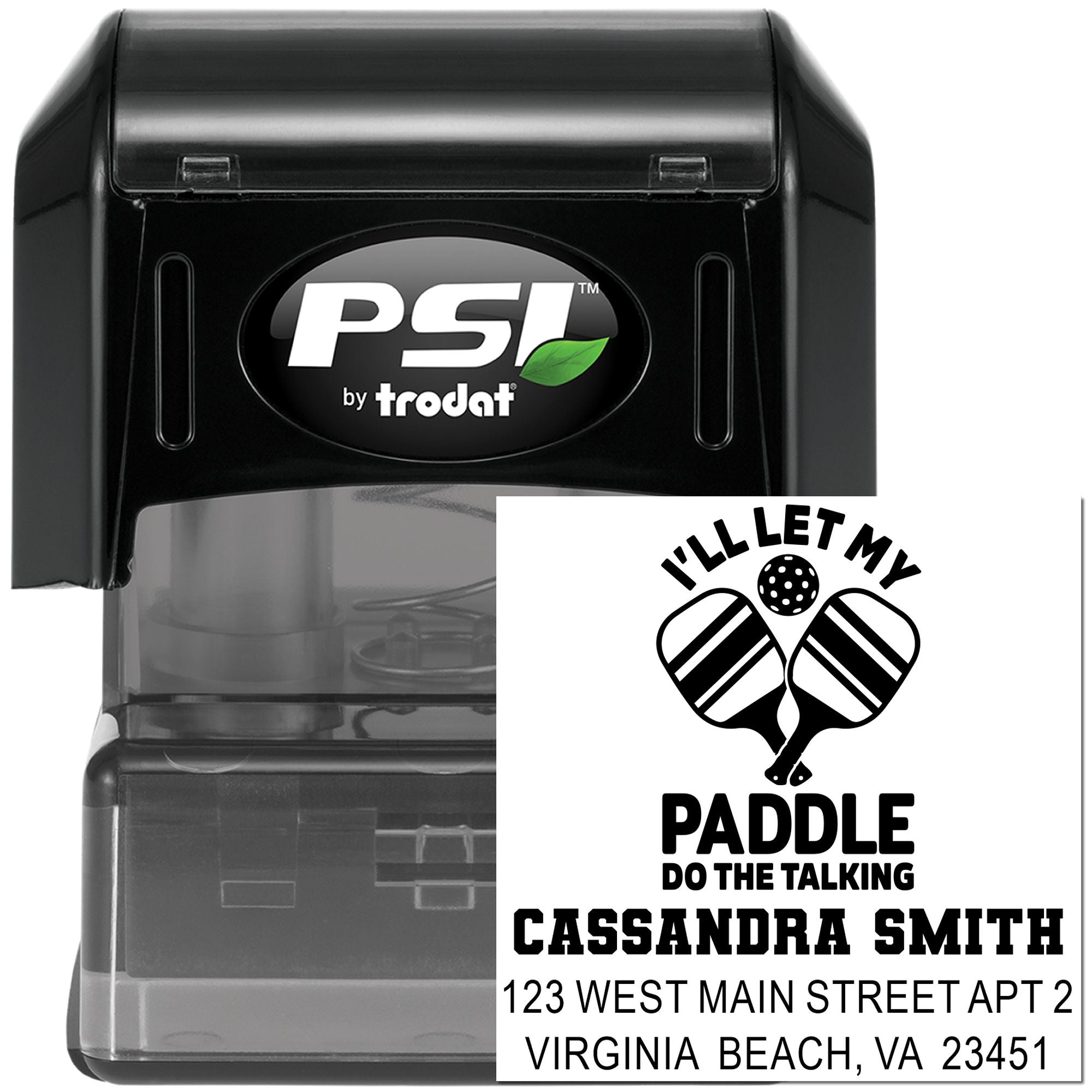 Custom self-inking rubber stamp with paddle-themed return address imprint for personalized mailings