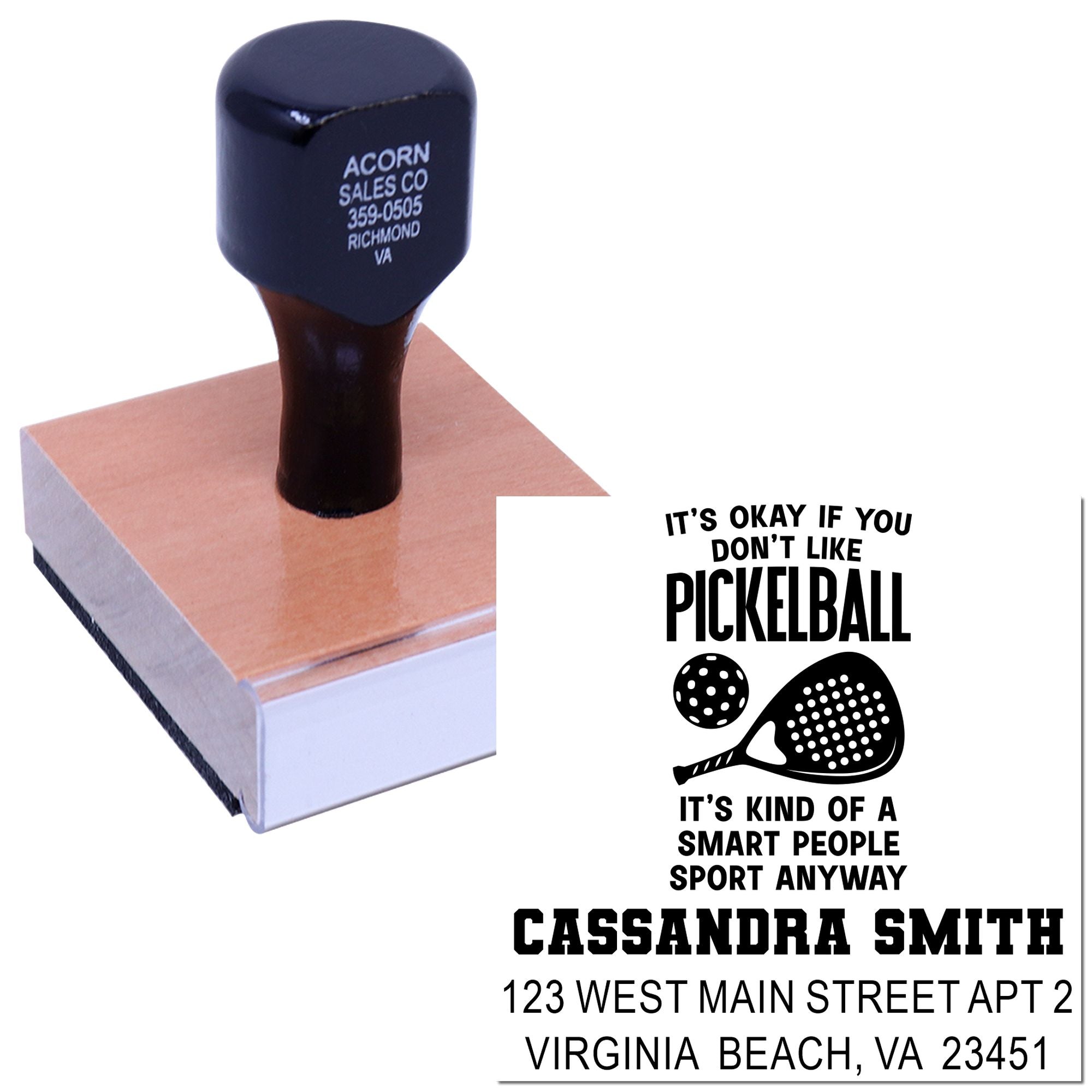 Personalized rubber stamp with pickleball quote, name, and address for custom stationery or sports gifts.