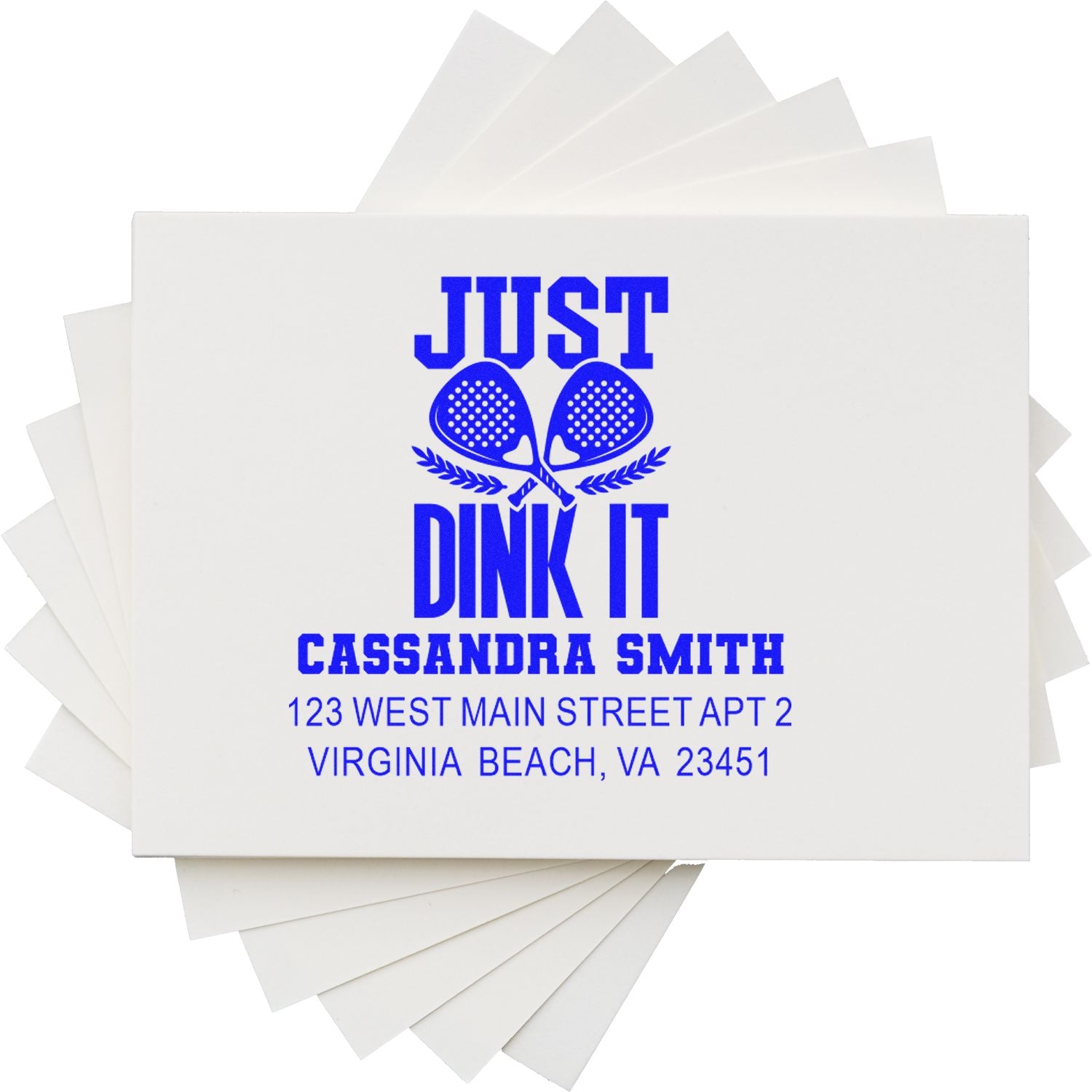 Custom rubber address stamp with Just Dink It pickleball design and Cassandra Smith address, Virginia Beach VA.