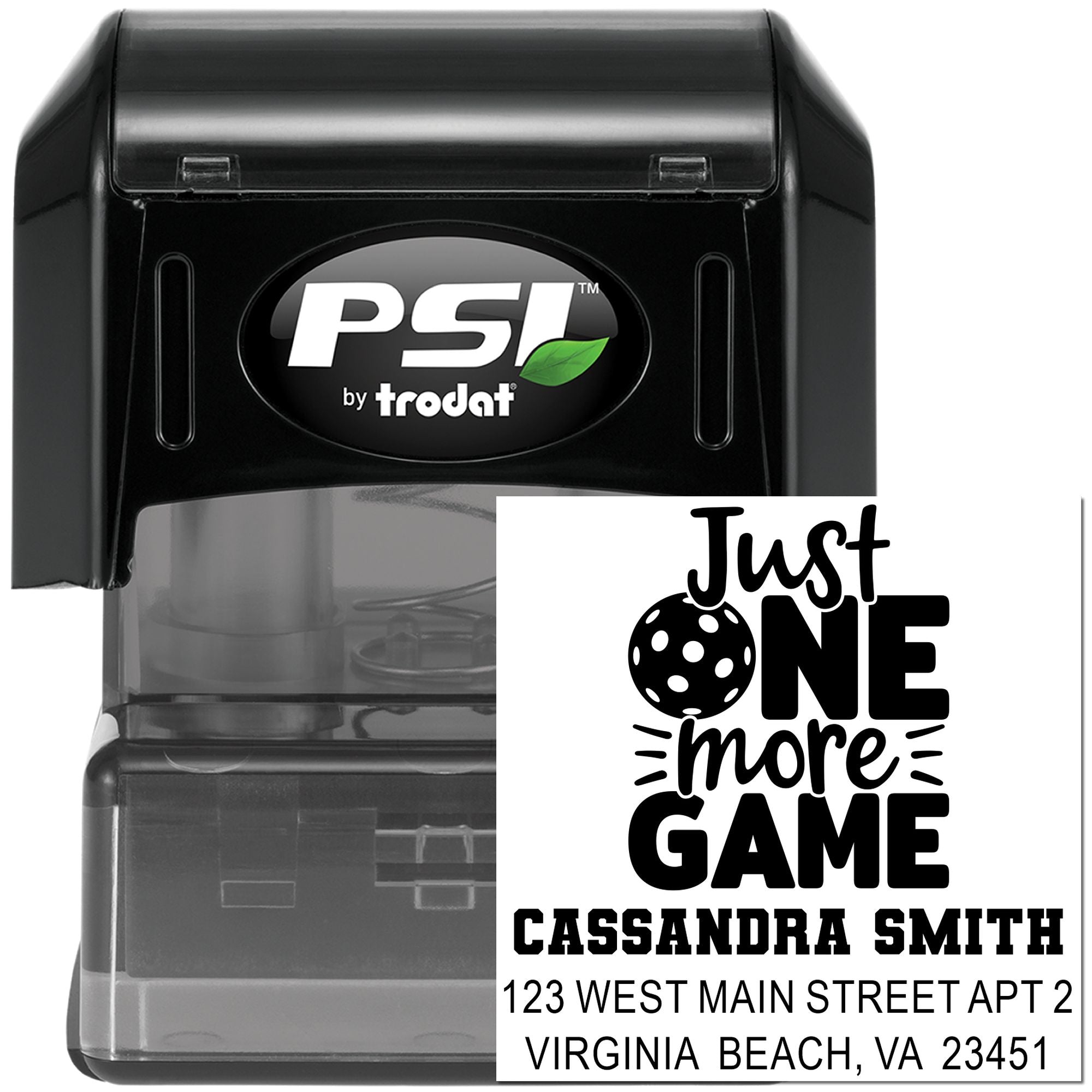 Custom self-inking rubber address stamp with Just One More Game design, name, and Virginia Beach address.