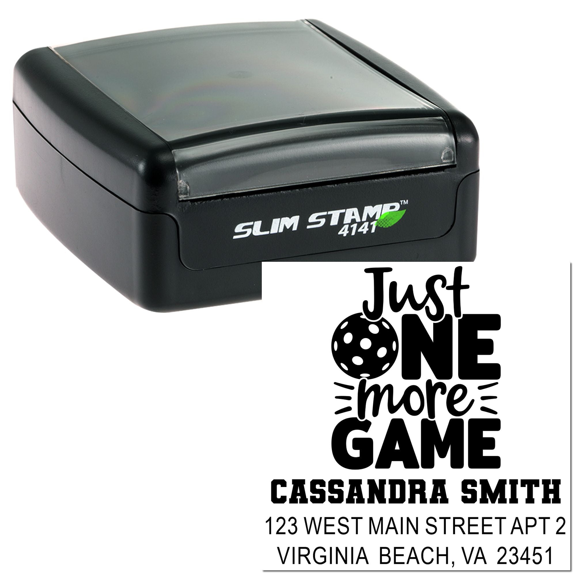 Custom self-inking rubber stamp with Just One More Game design and return address for sports-themed mailings.