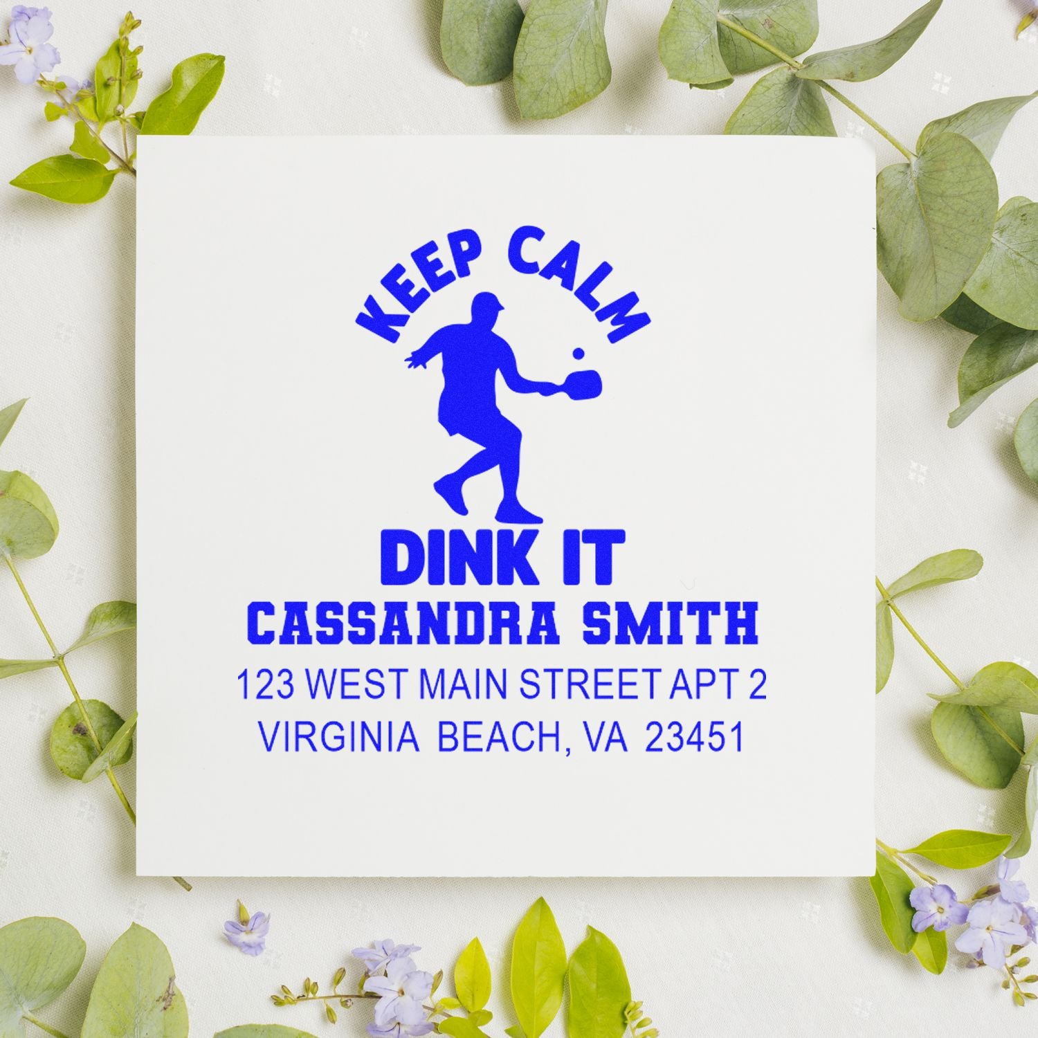 Custom pickleball address rubber stamp with Keep Calm Dink It design, personalized for Cassandra Smith.